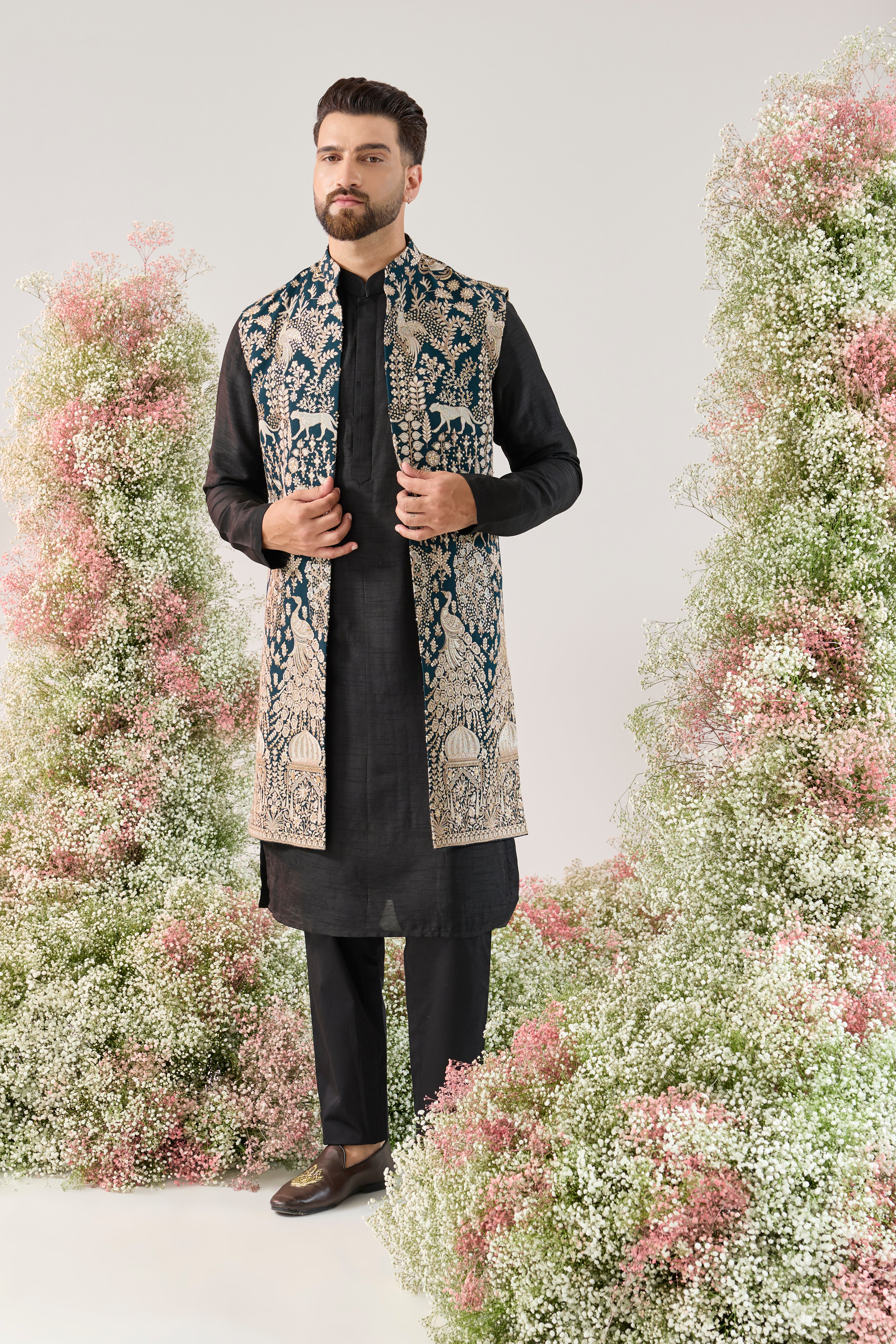teal royal heritage long open jacket with zari work