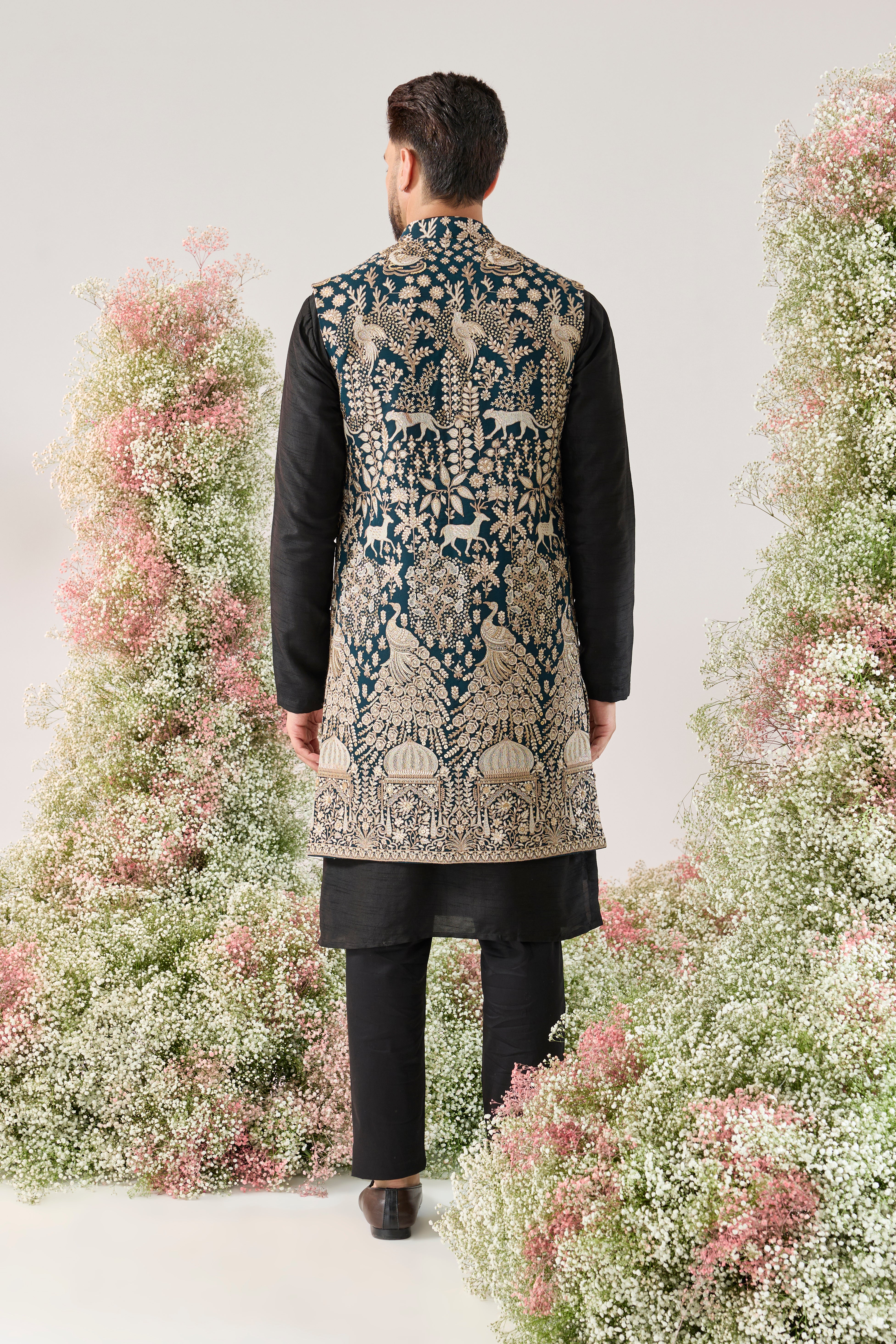 teal royal heritage long open jacket with zari work