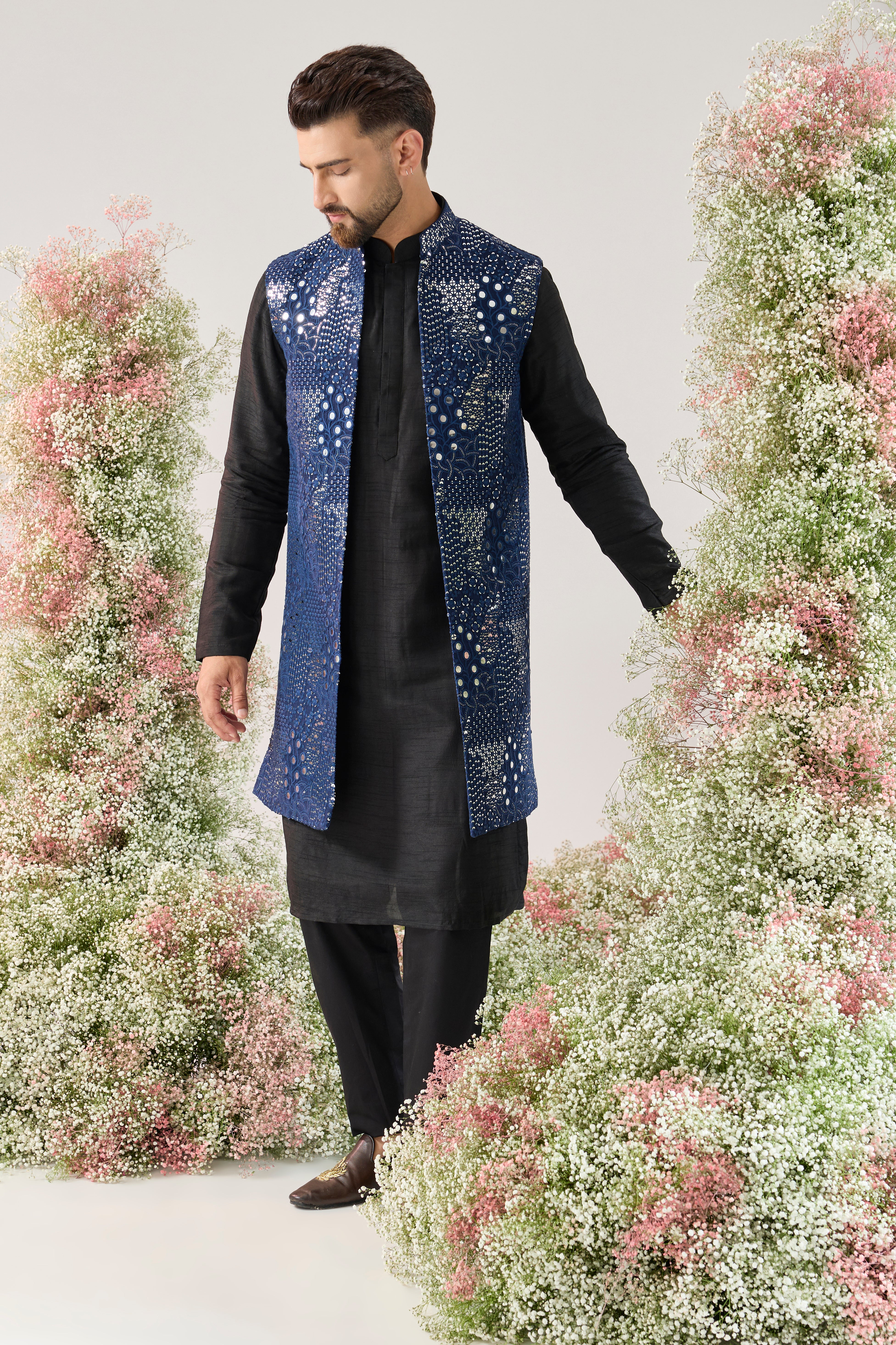 signature navy blue long open mirror work jacket