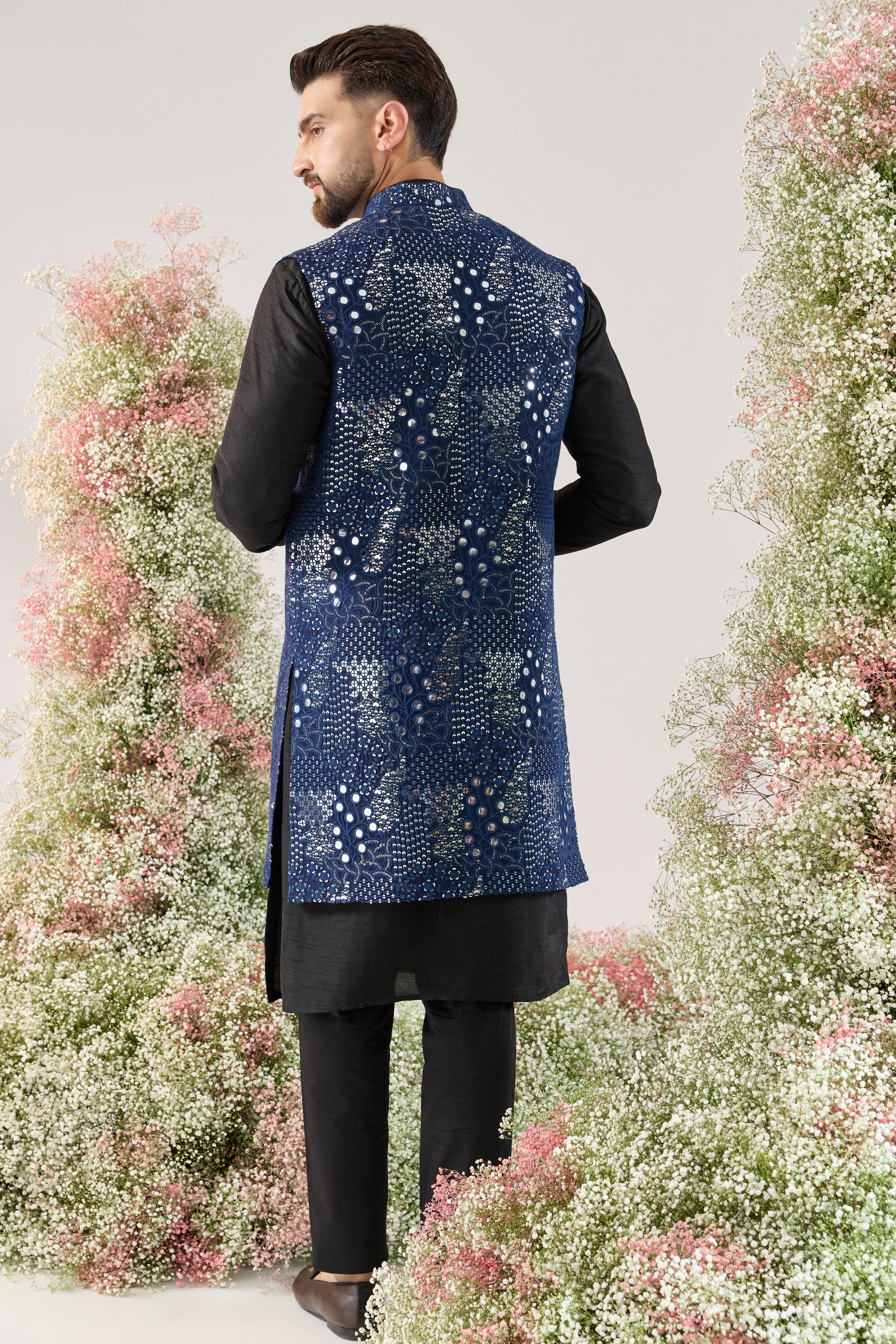 signature navy blue long open mirror work jacket