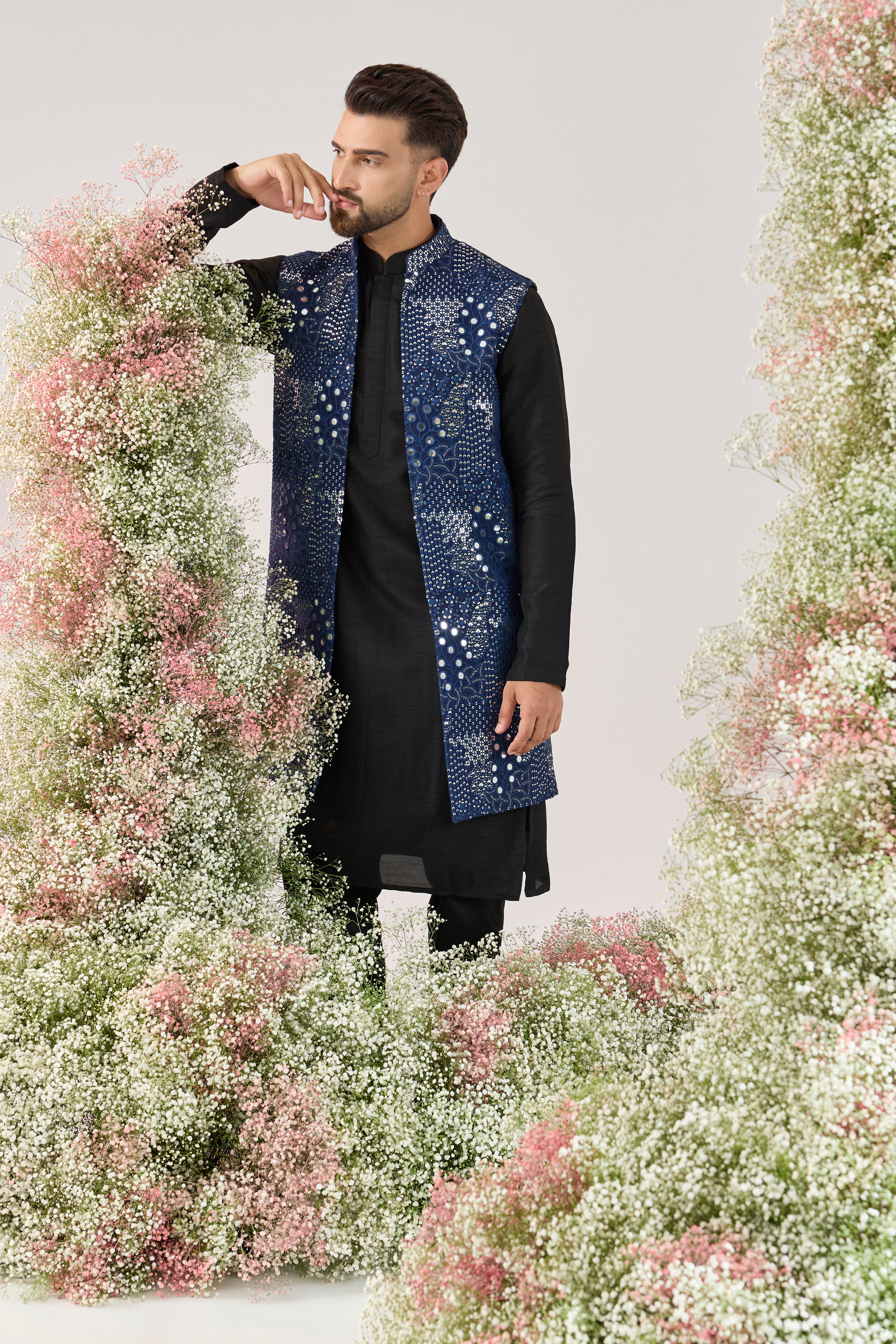 signature navy blue long open mirror work jacket