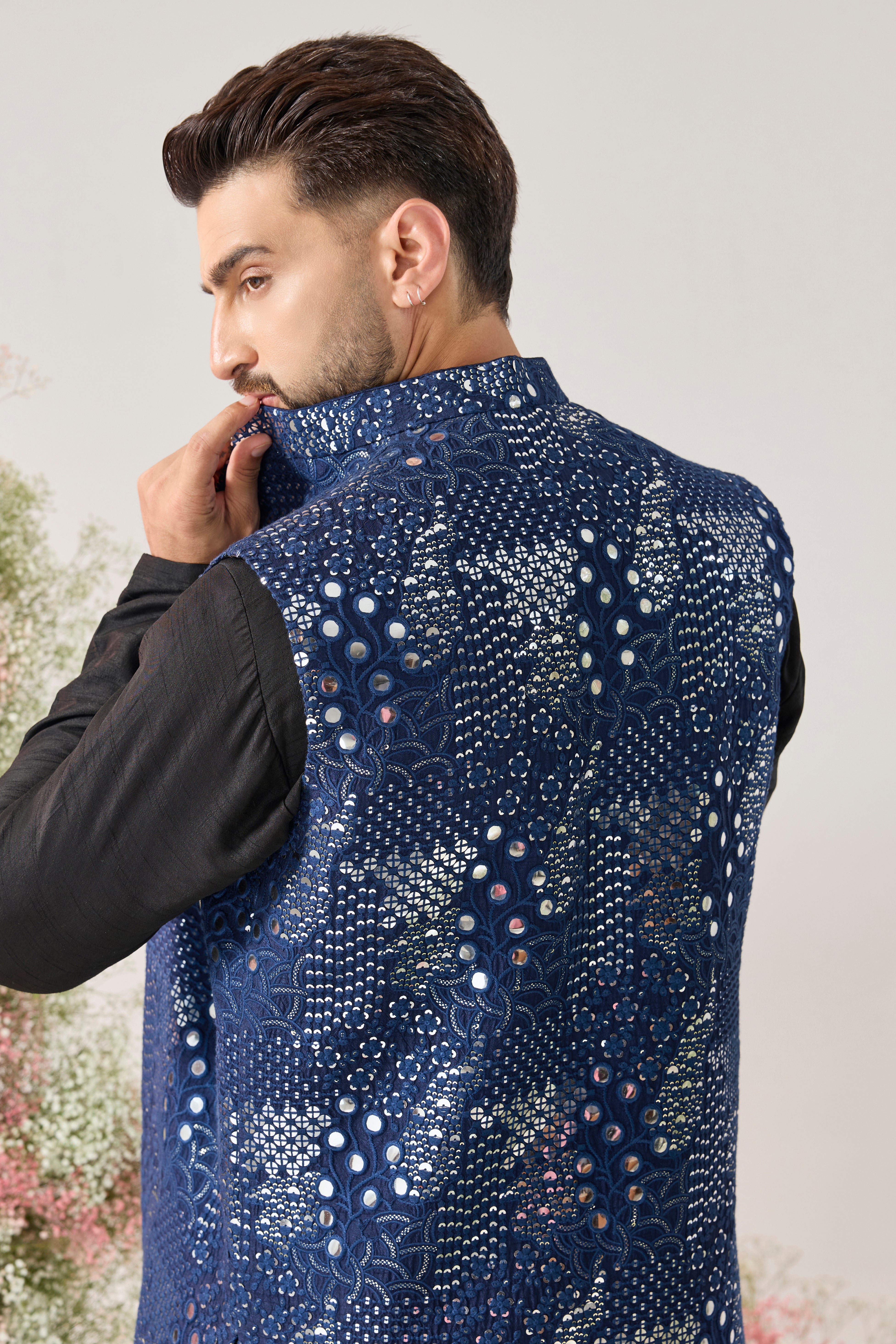 signature navy blue long open mirror work jacket
