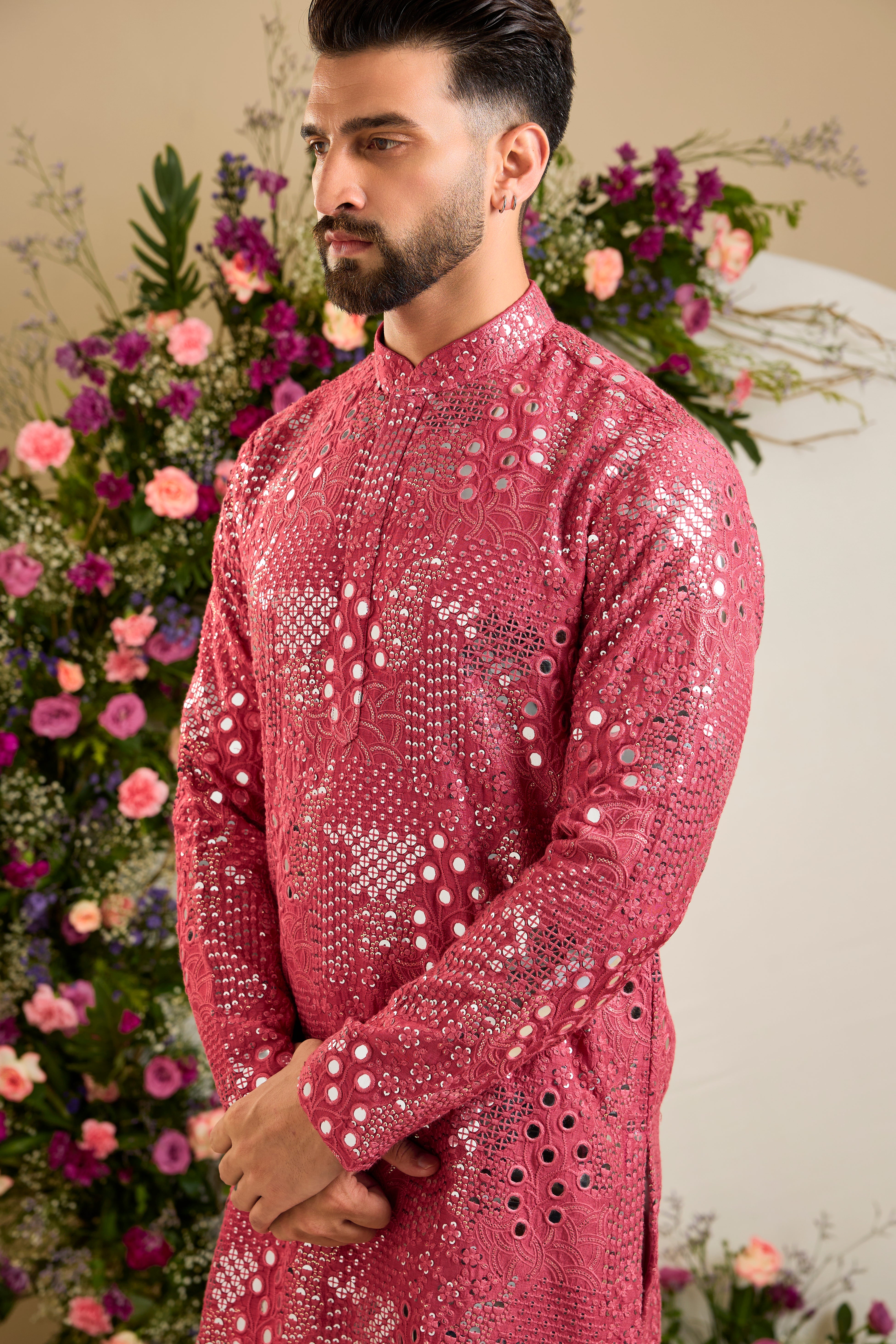 Sage pink short mirror work kurta with intricate embroidery, and delicate sequin detailing for timeless sophistication.