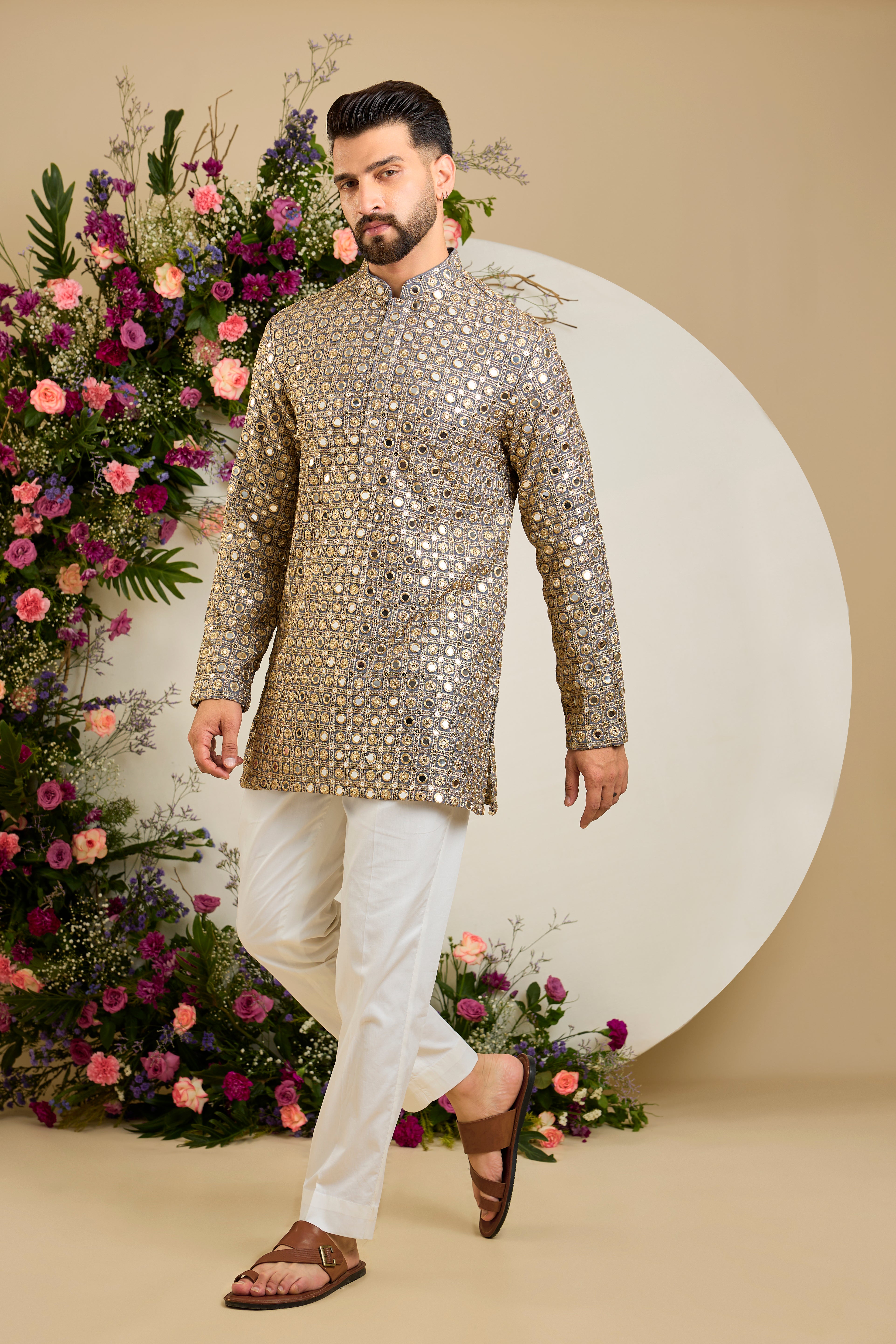 Sterling grey short mirror work kurta with  intricate golden zari embroidery for timeless festive elegance.