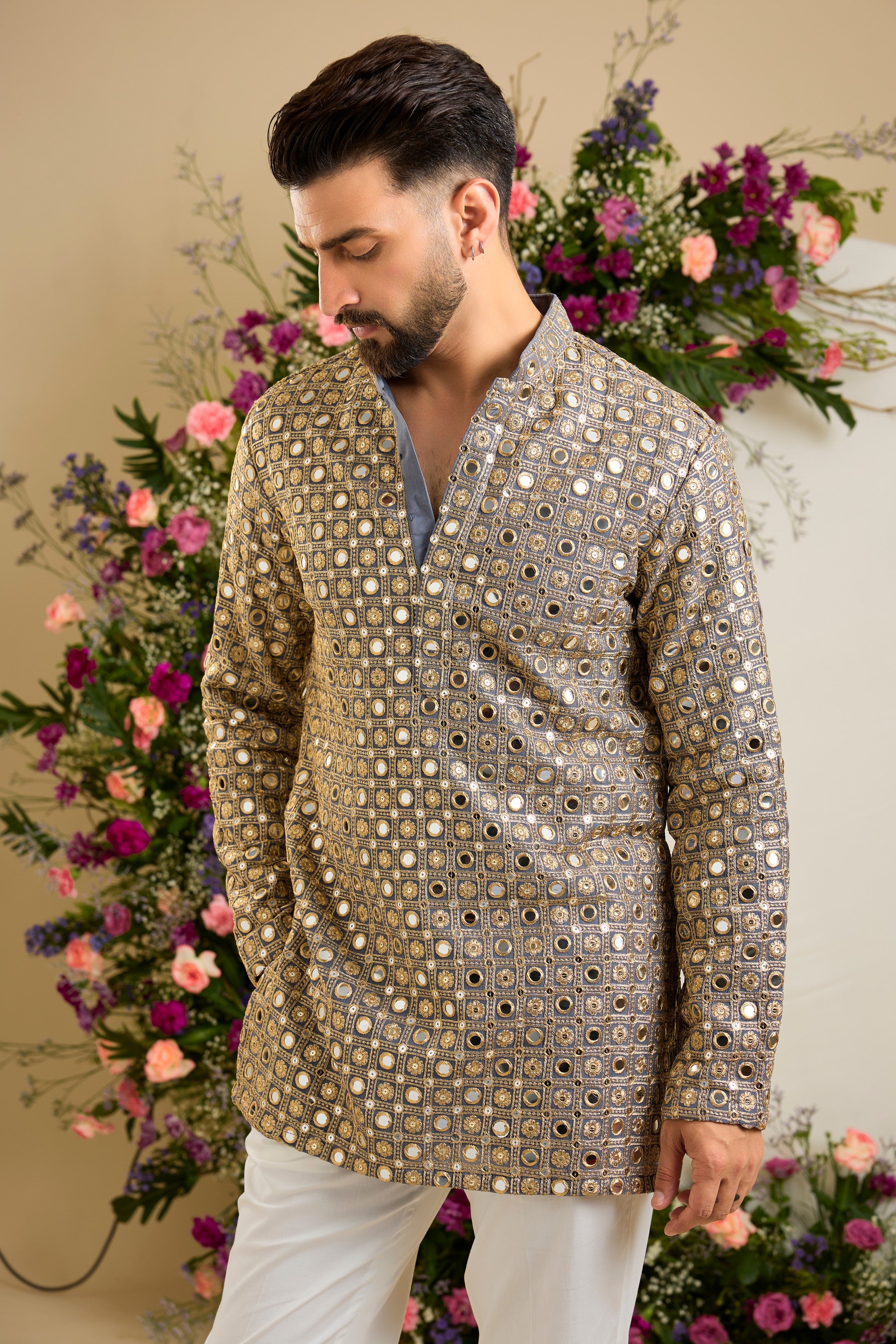 Sterling grey short mirror work kurta with  intricate golden zari embroidery for timeless festive elegance.