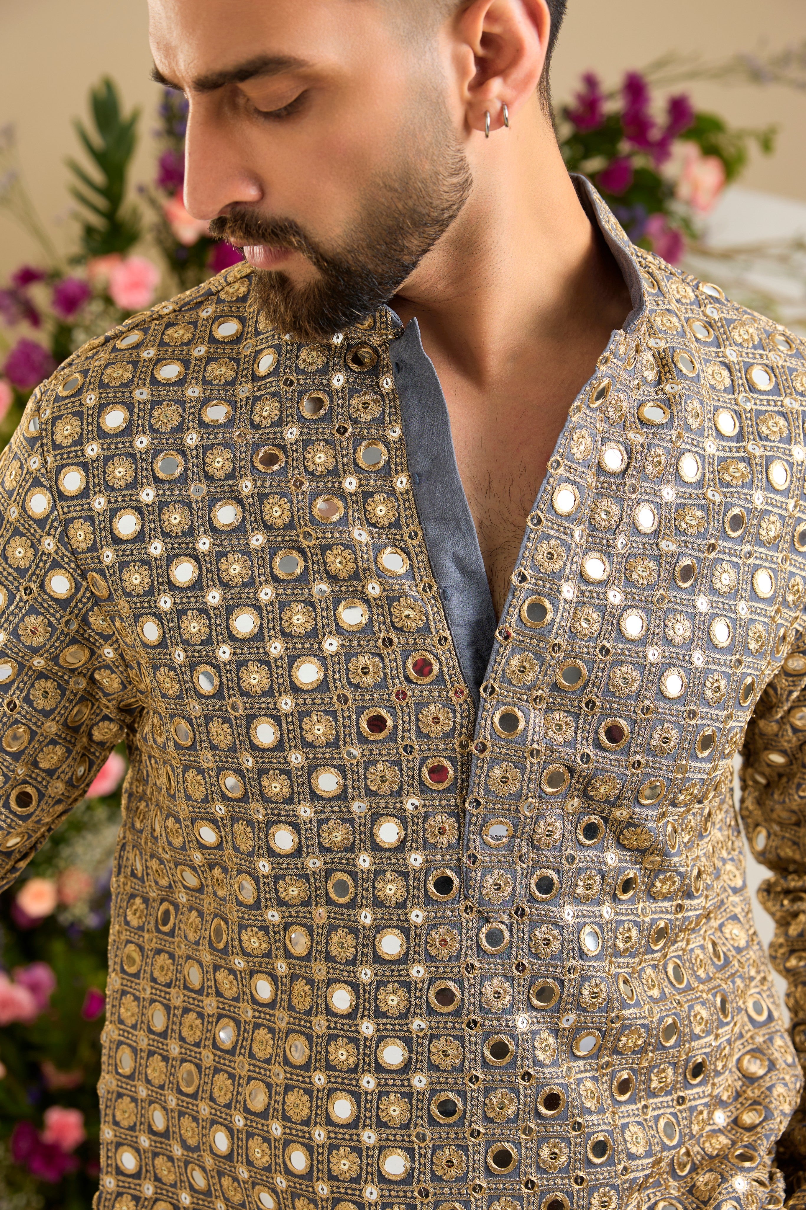 Sterling grey short mirror work kurta with  intricate golden zari embroidery for timeless festive elegance.