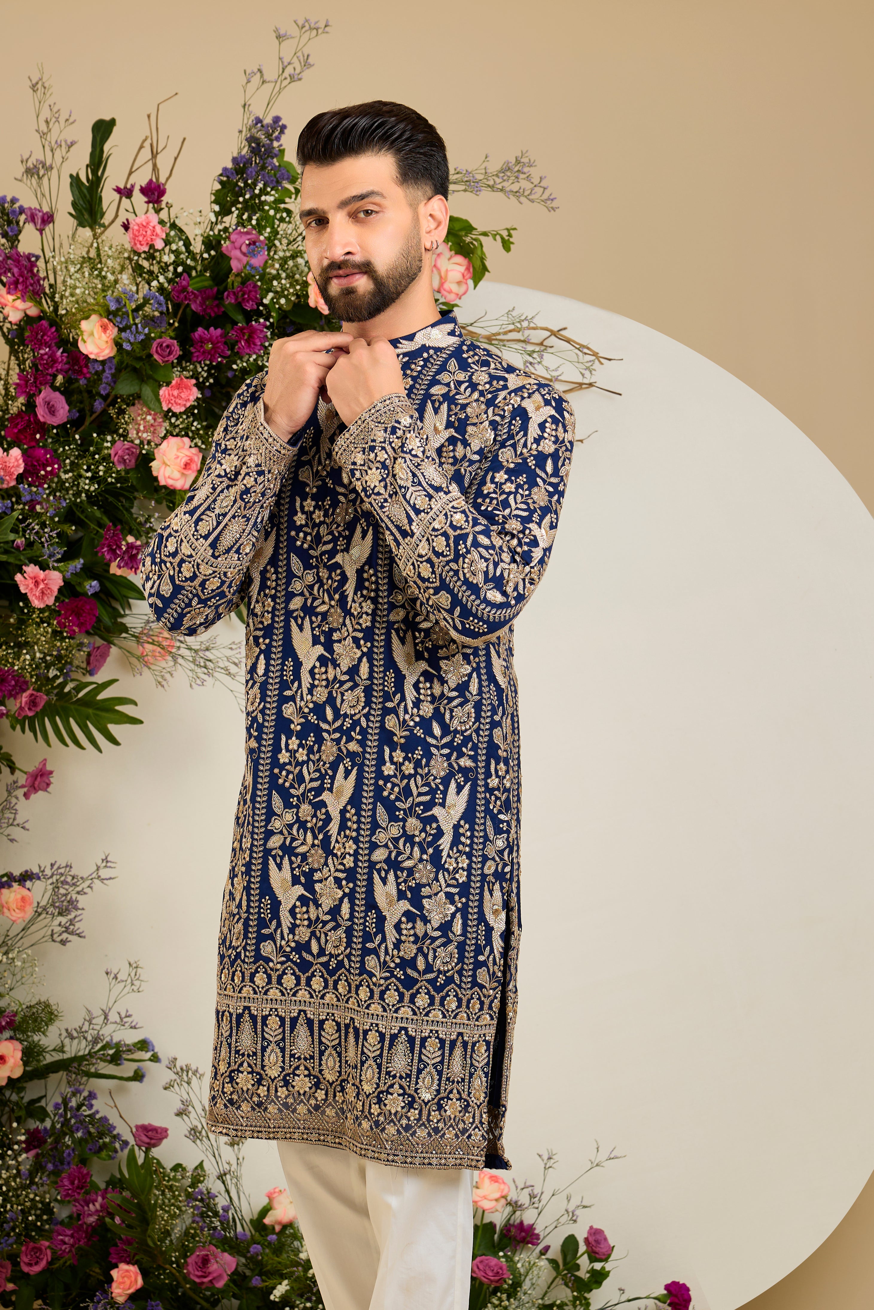 Royal blue flora & fauna kurta with intricate sequin and zari detailing, tailored for timeless elegance and distinguished celebrations.