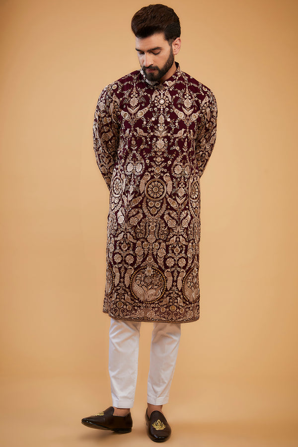 Wine Flora-Fauna Zari work kurta