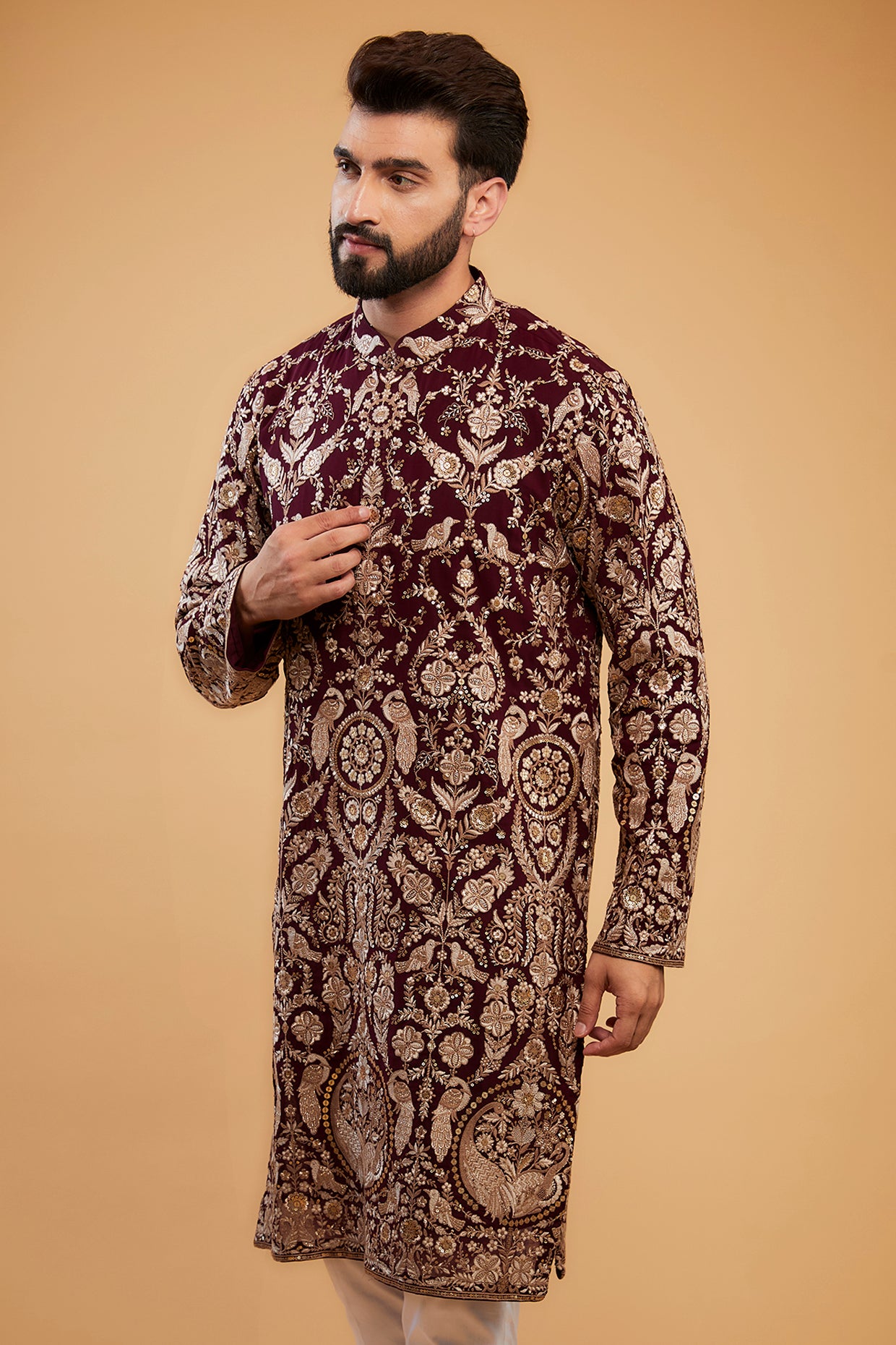 Wine Flora-Fauna Zari work kurta - kasbahmen