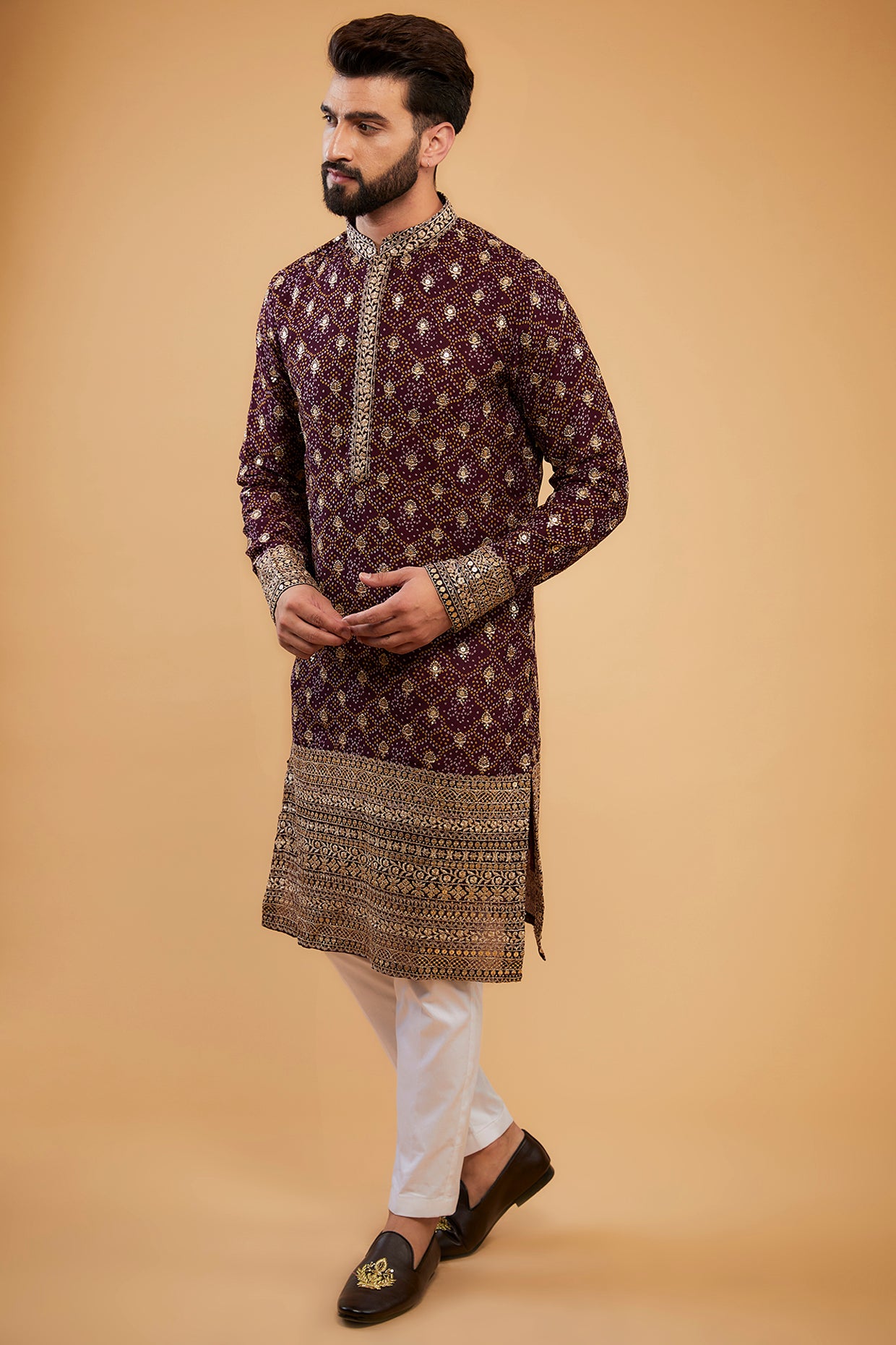 Wine Heavy Embroidered Kurta with intricate ghera and neck embroidery&nbsp; - kasbahmen