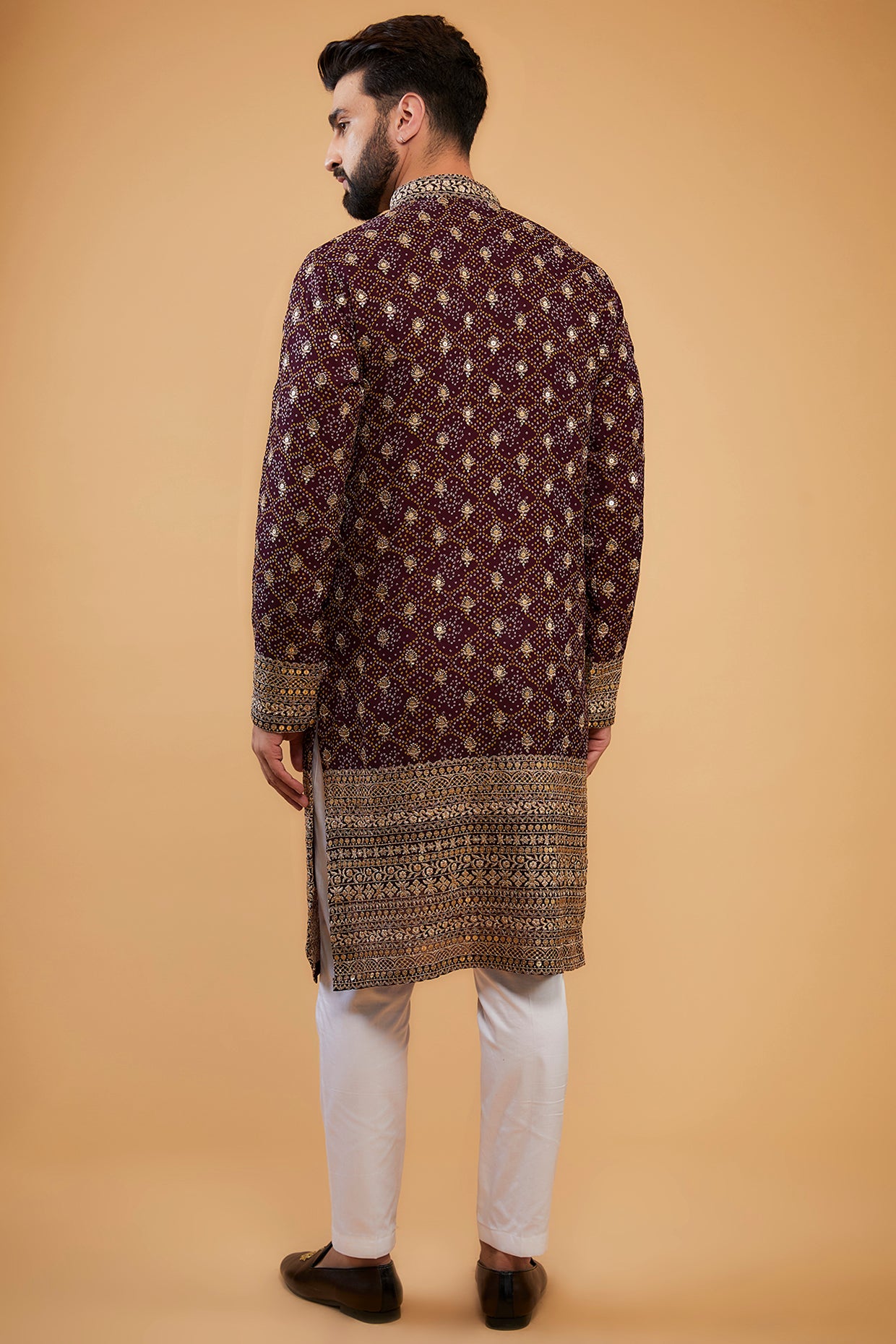 Wine Heavy Embroidered Kurta with intricate ghera and neck embroidery&nbsp; - kasbahmen