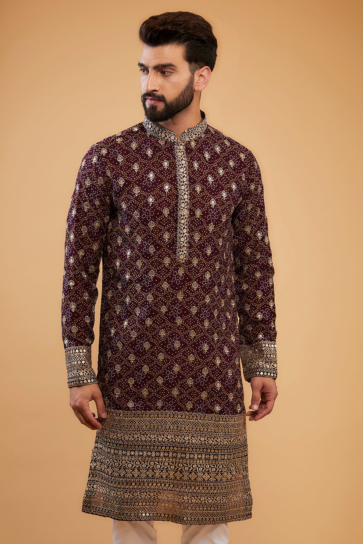 Wine Heavy Embroidered Kurta with intricate ghera and neck embroidery&nbsp; - kasbahmen