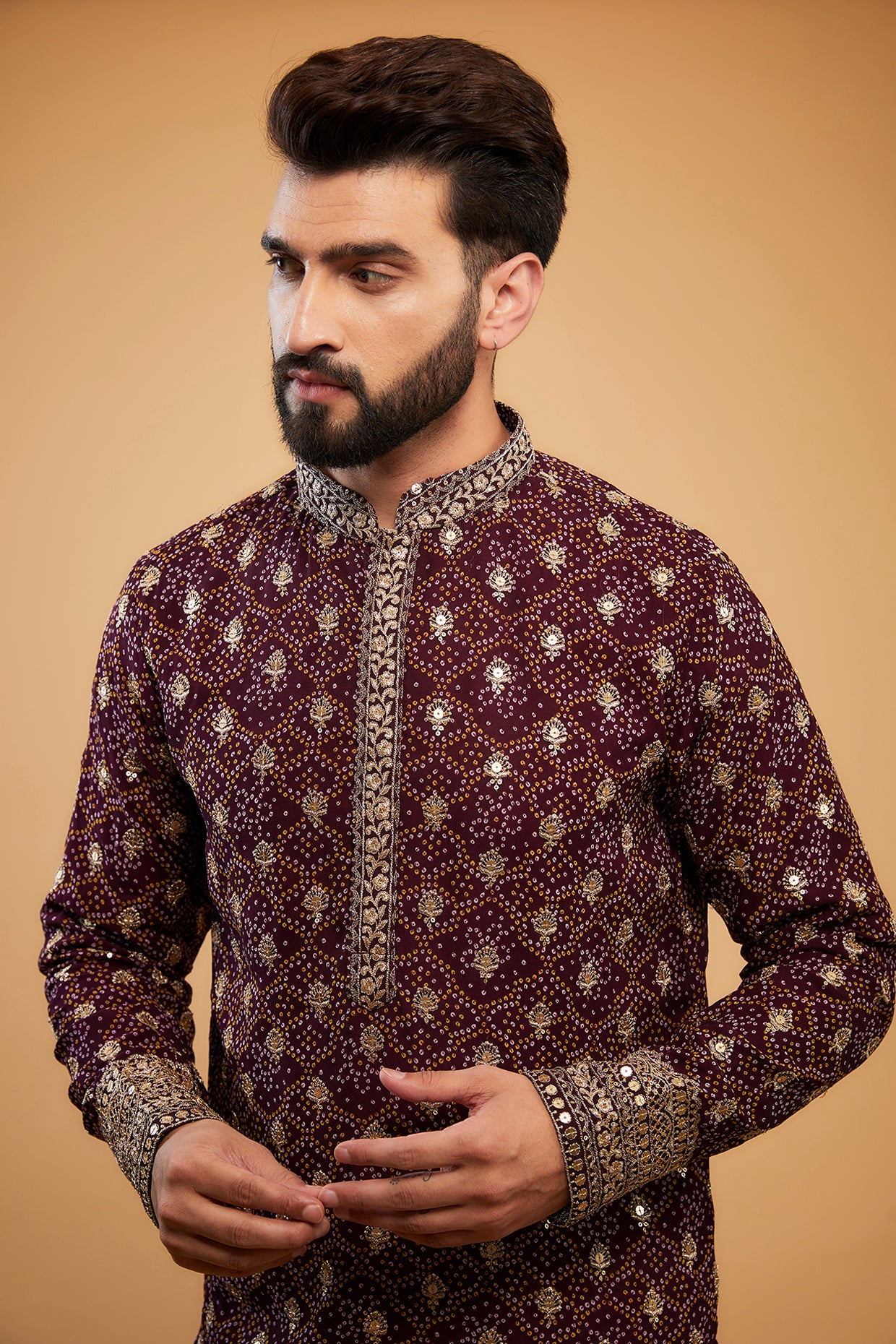 Wine Heavy Embroidered Kurta with intricate ghera and neck embroidery&nbsp; - kasbahmen