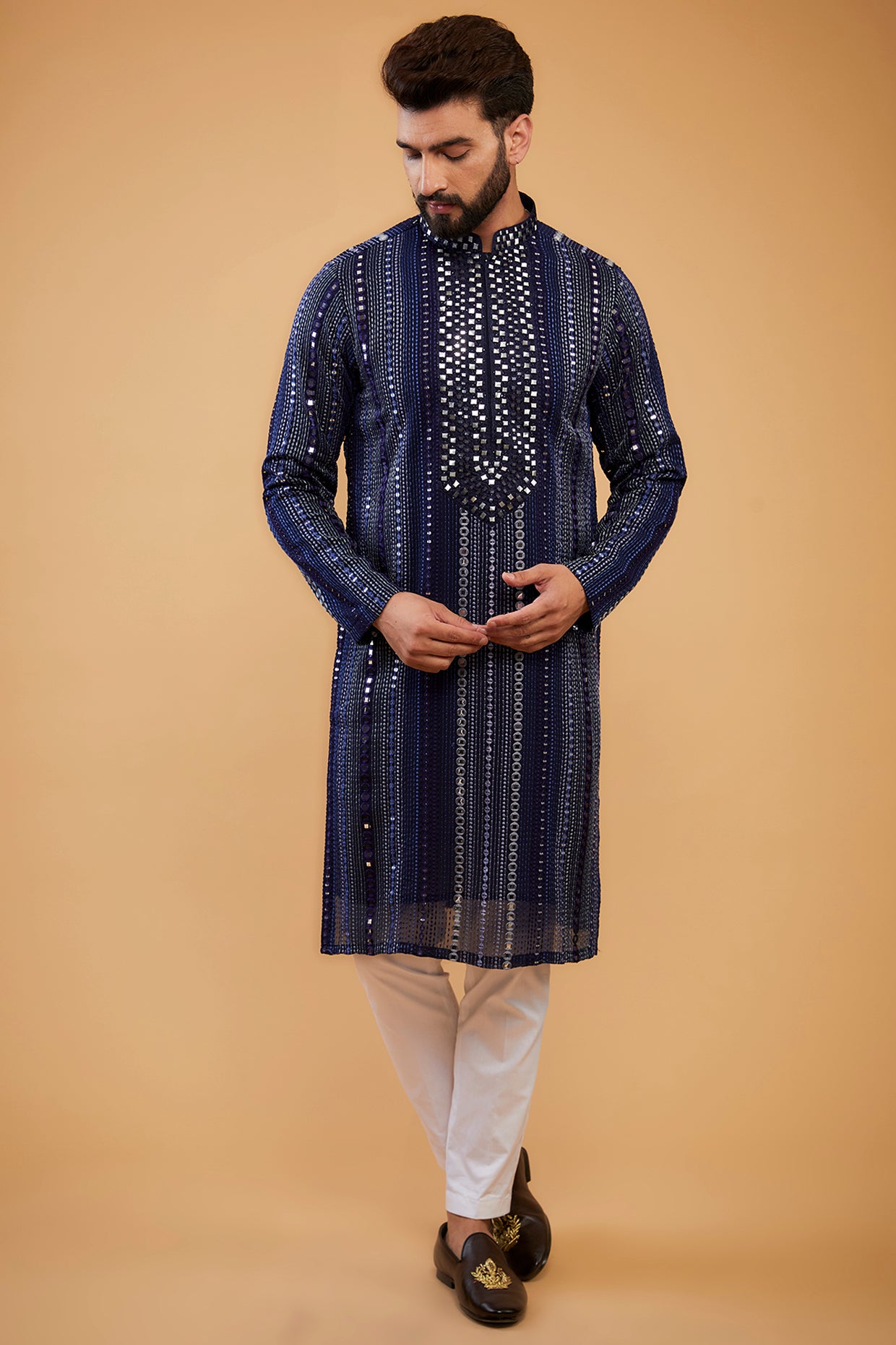 Navy Blue Mirror-work kurta with hand embroidered neckline - kasbahmen