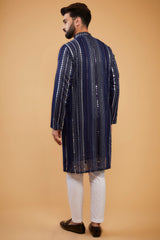 Navy Blue Mirror-work kurta with hand embroidered neckline - kasbahmen