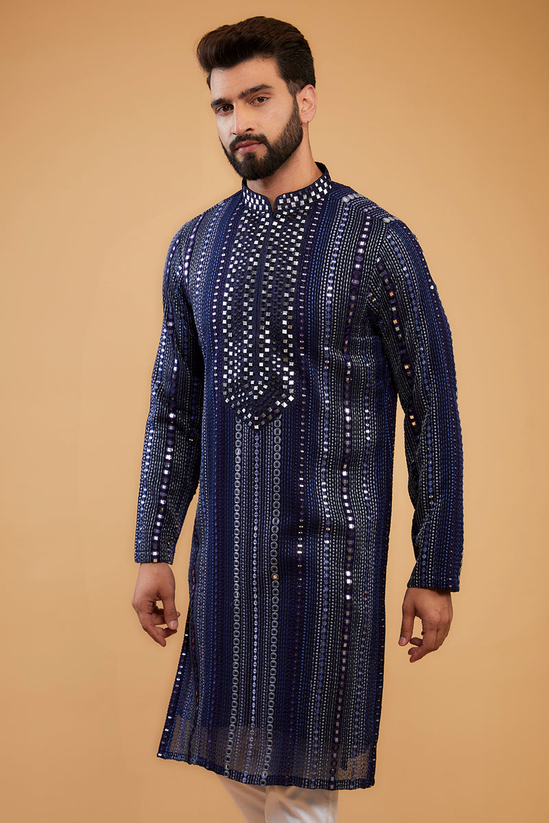 Navy Blue Mirror-work kurta with hand embroidered neckline - kasbahmen