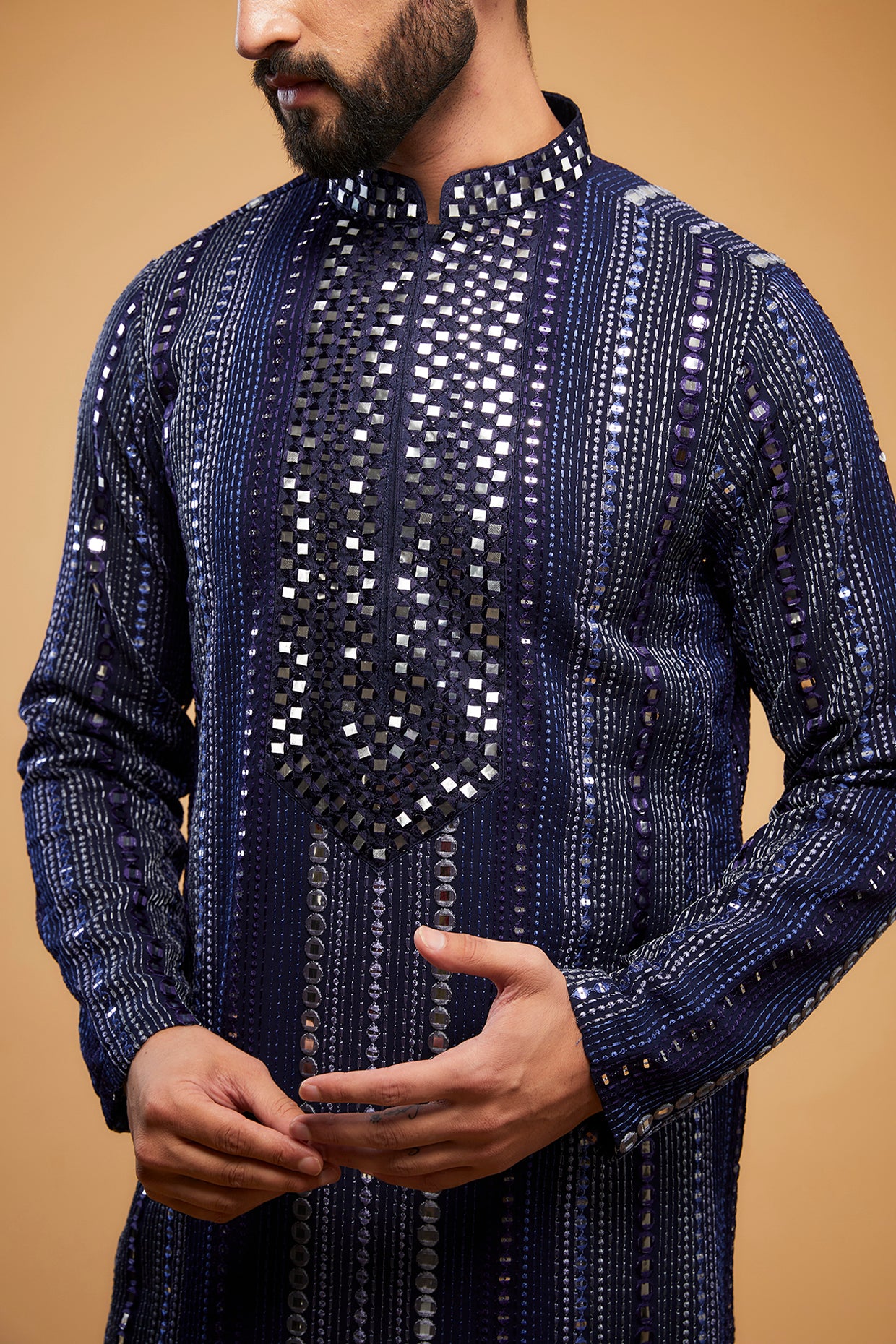 Navy Blue Mirror-work kurta with hand embroidered neckline - kasbahmen