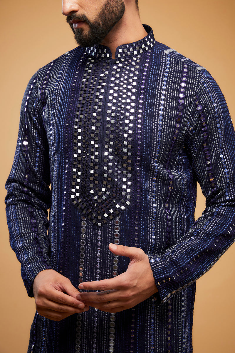 Navy Blue Mirror-work kurta with hand embroidered neckline - kasbahmen