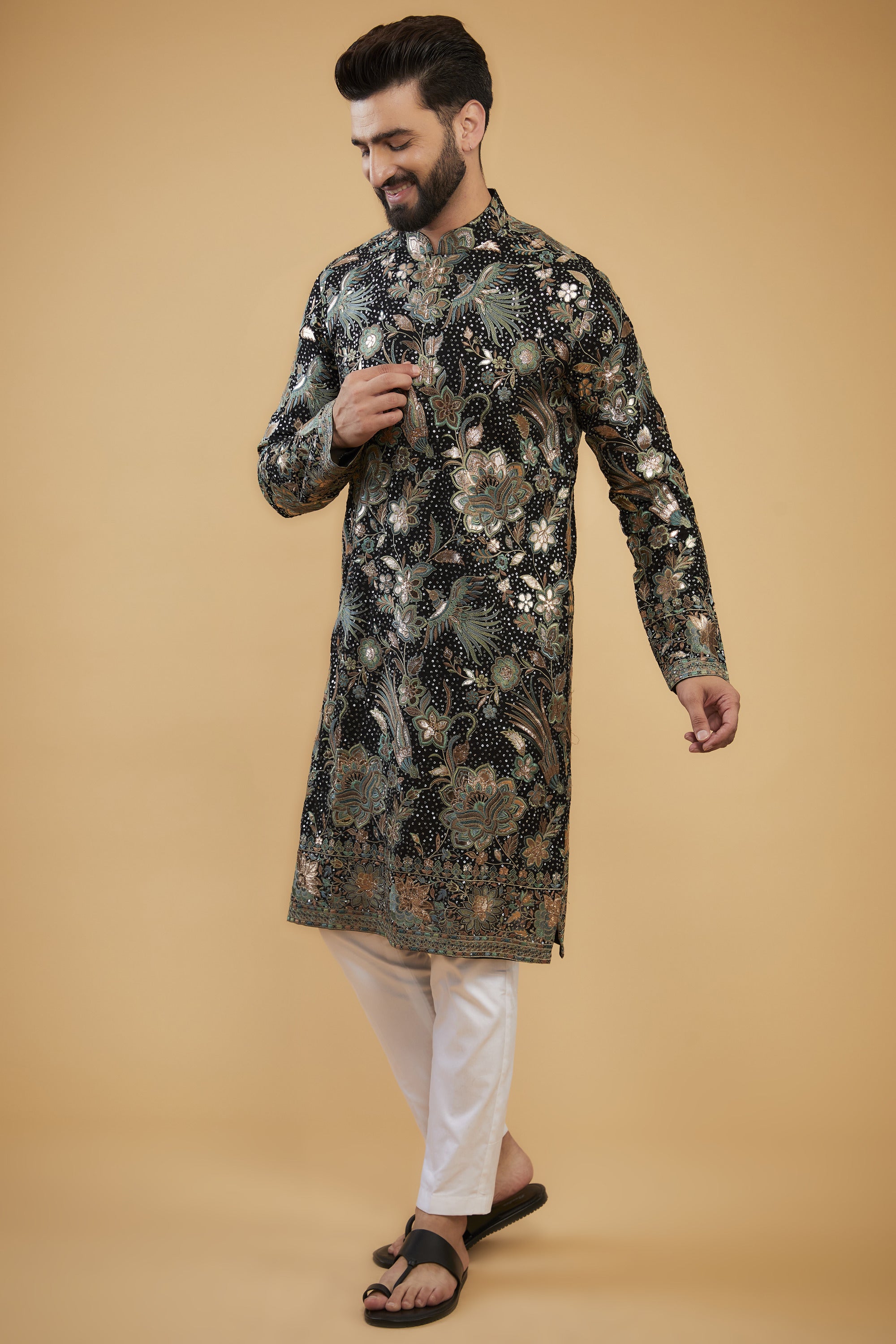 Black Flora-Fauna Heavy embroidered kurta wuth intricate multi-threadwork and gold leather patchwork - kasbahmen