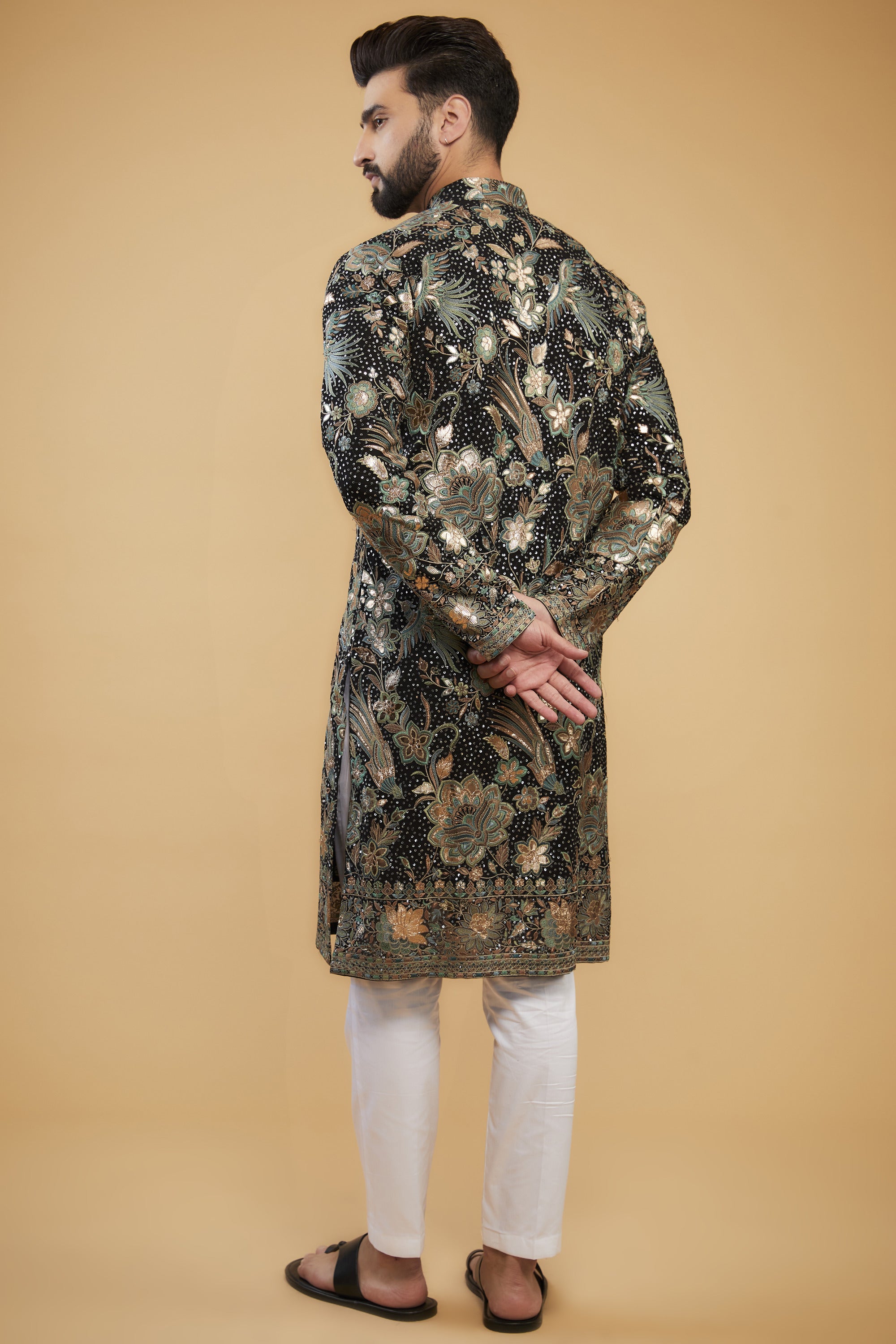 Black Flora-Fauna Heavy embroidered kurta wuth intricate multi-threadwork and gold leather patchwork - kasbahmen