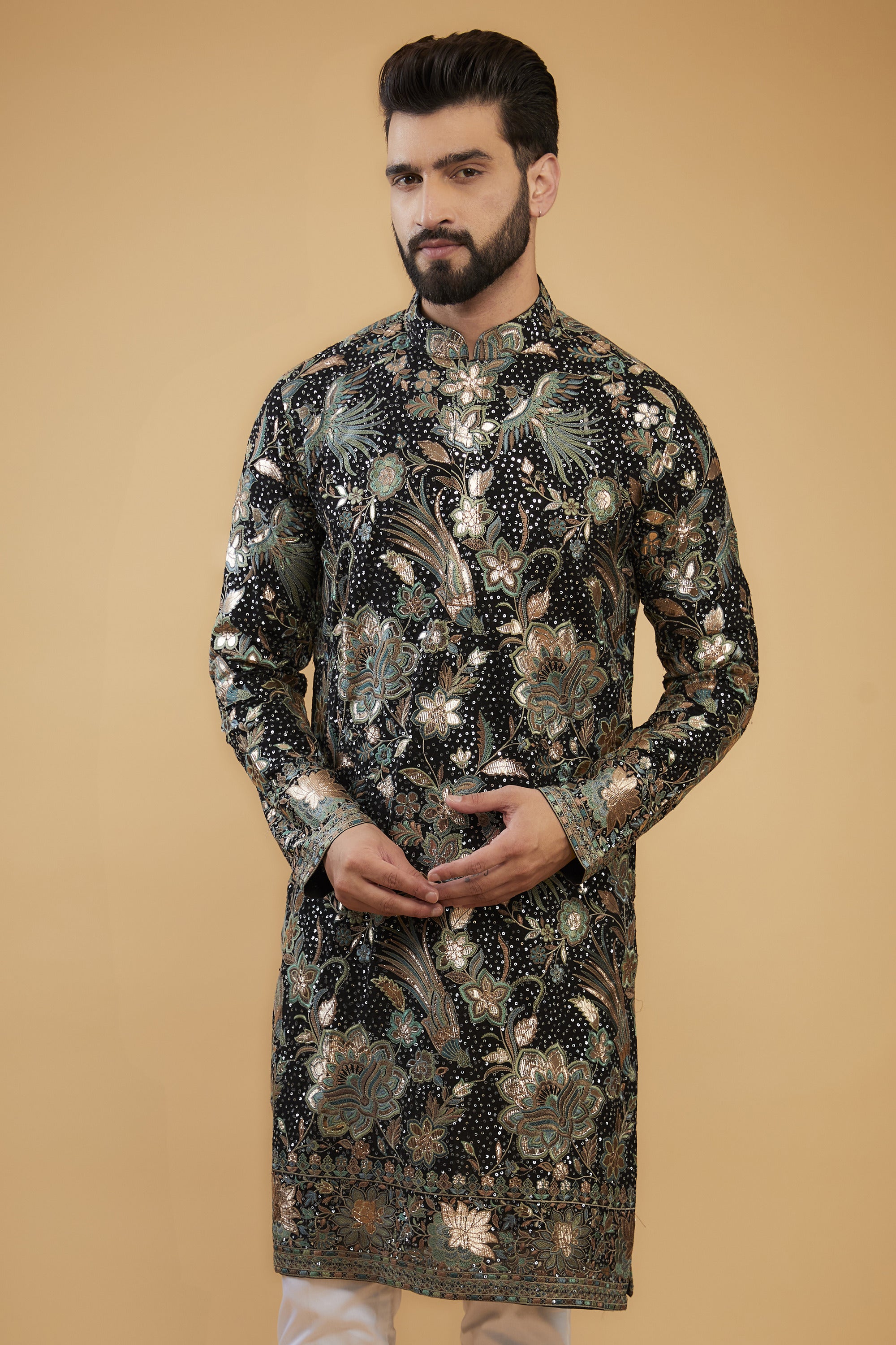 Black Flora-Fauna Heavy embroidered kurta wuth intricate multi-threadwork and gold leather patchwork - kasbahmen