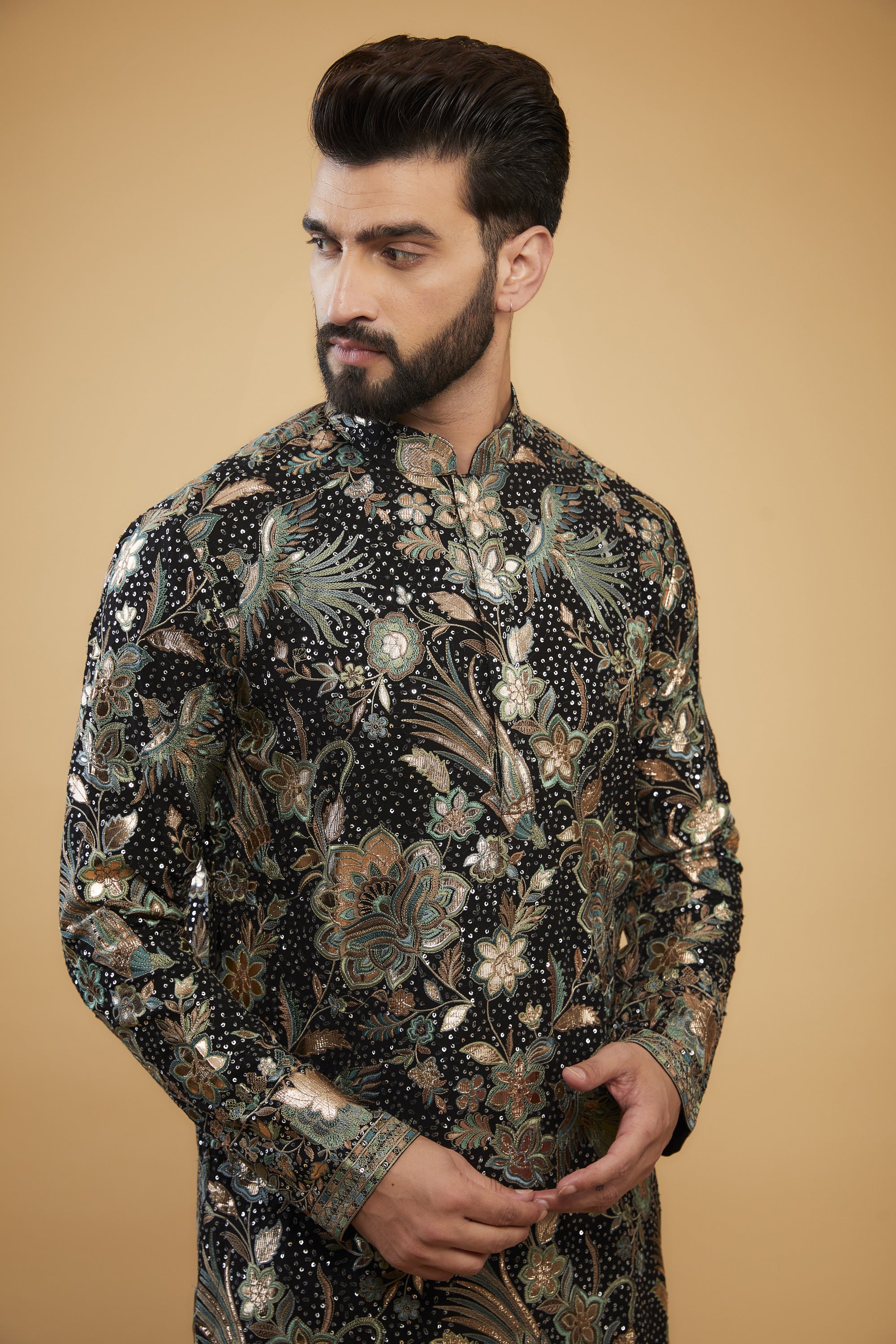 Black Flora-Fauna Heavy embroidered kurta wuth intricate multi-threadwork and gold leather patchwork - kasbahmen