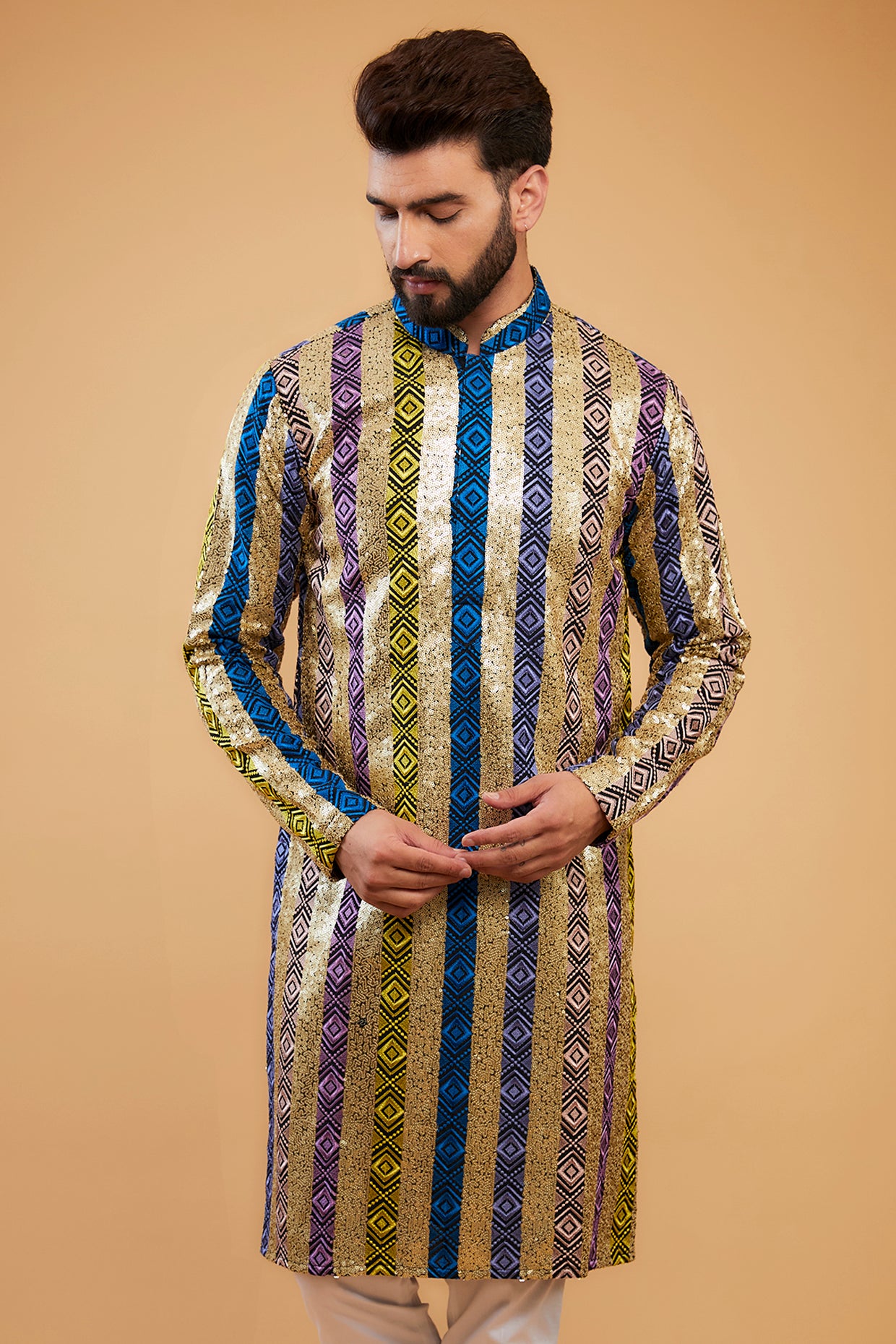 Geometrically multi-embroidered kurta with heavy sequins work - kasbahmen