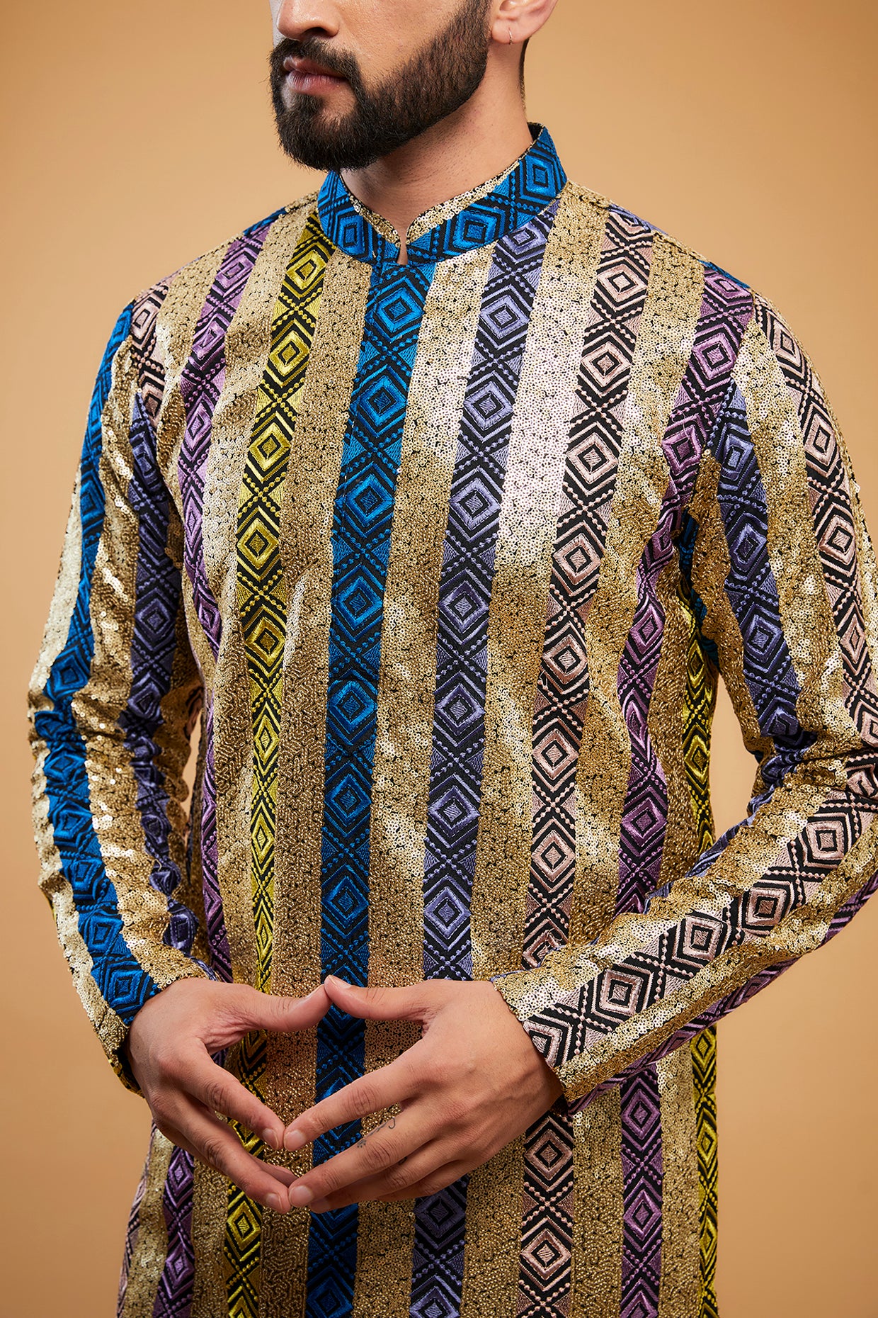 Geometrically multi-embroidered kurta with heavy sequins work - kasbahmen