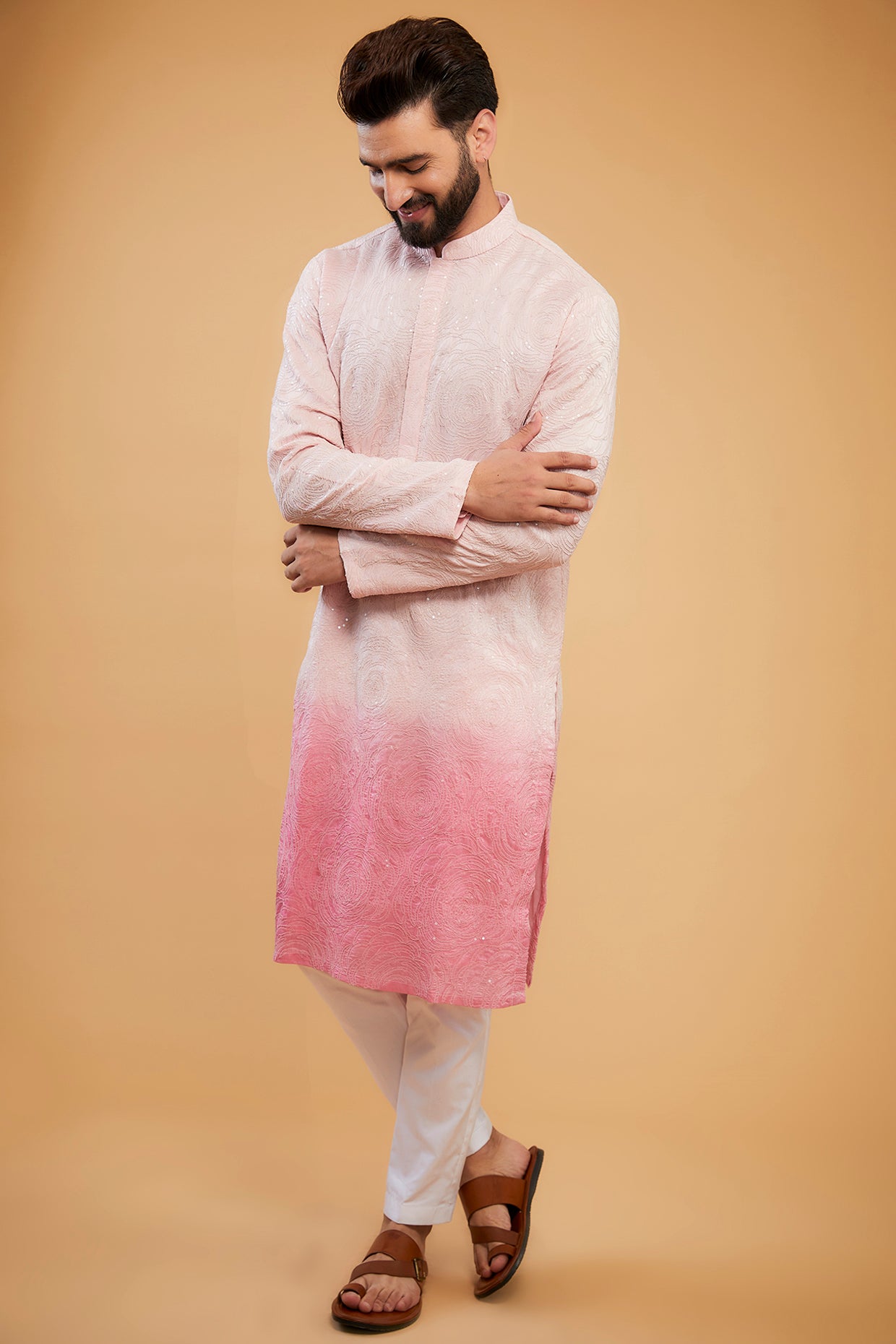 Pink ombre shaded chikankari kurta with delicate sequin embroidery - kasbahmen