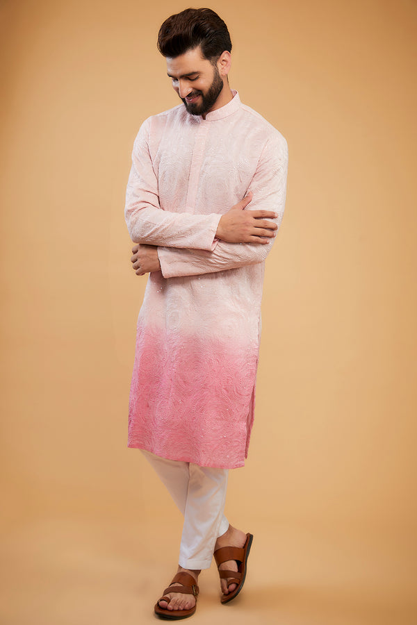 Pink ombre shaded chikankari kurta with delicate sequin embroidery