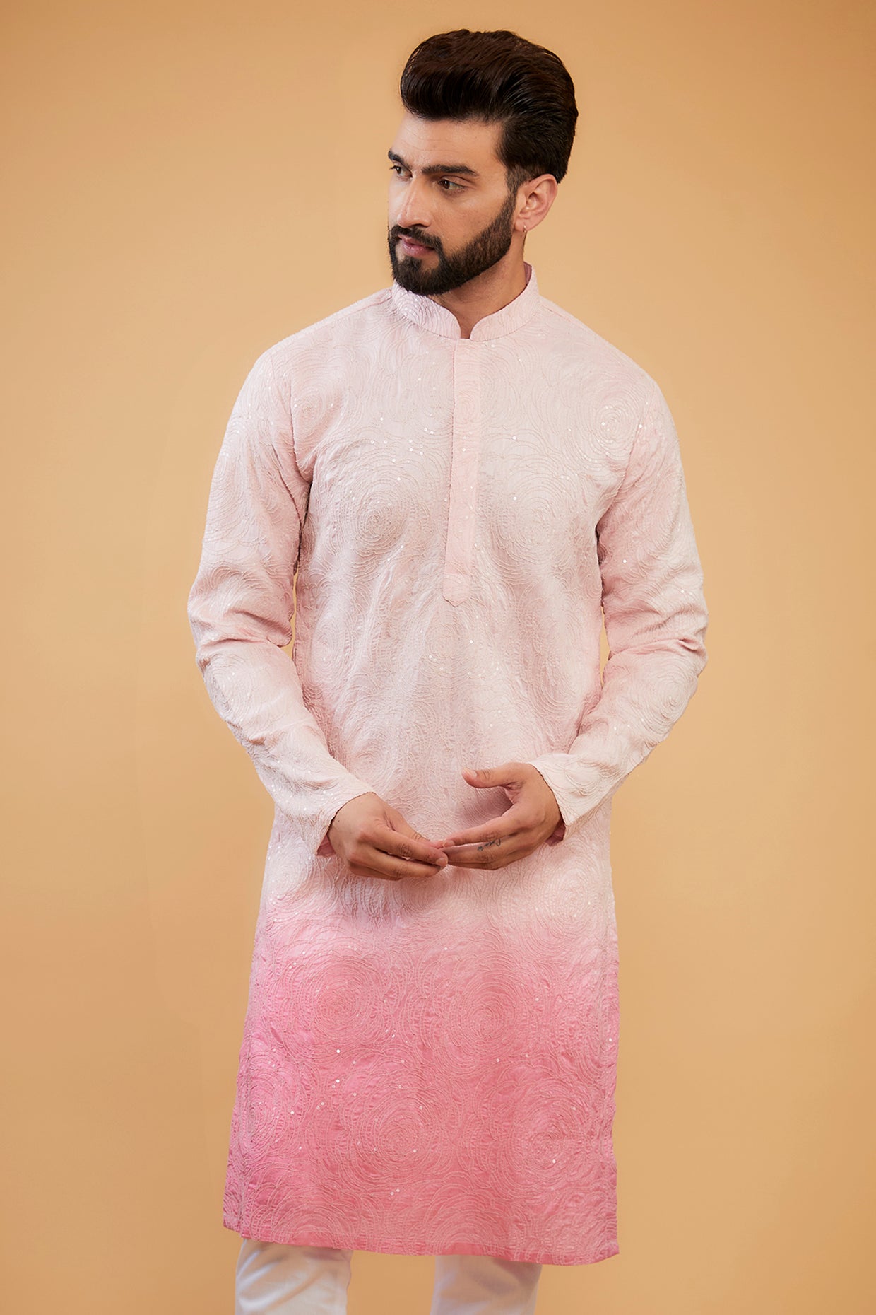 Pink ombre shaded chikankari kurta with delicate sequin embroidery - kasbahmen