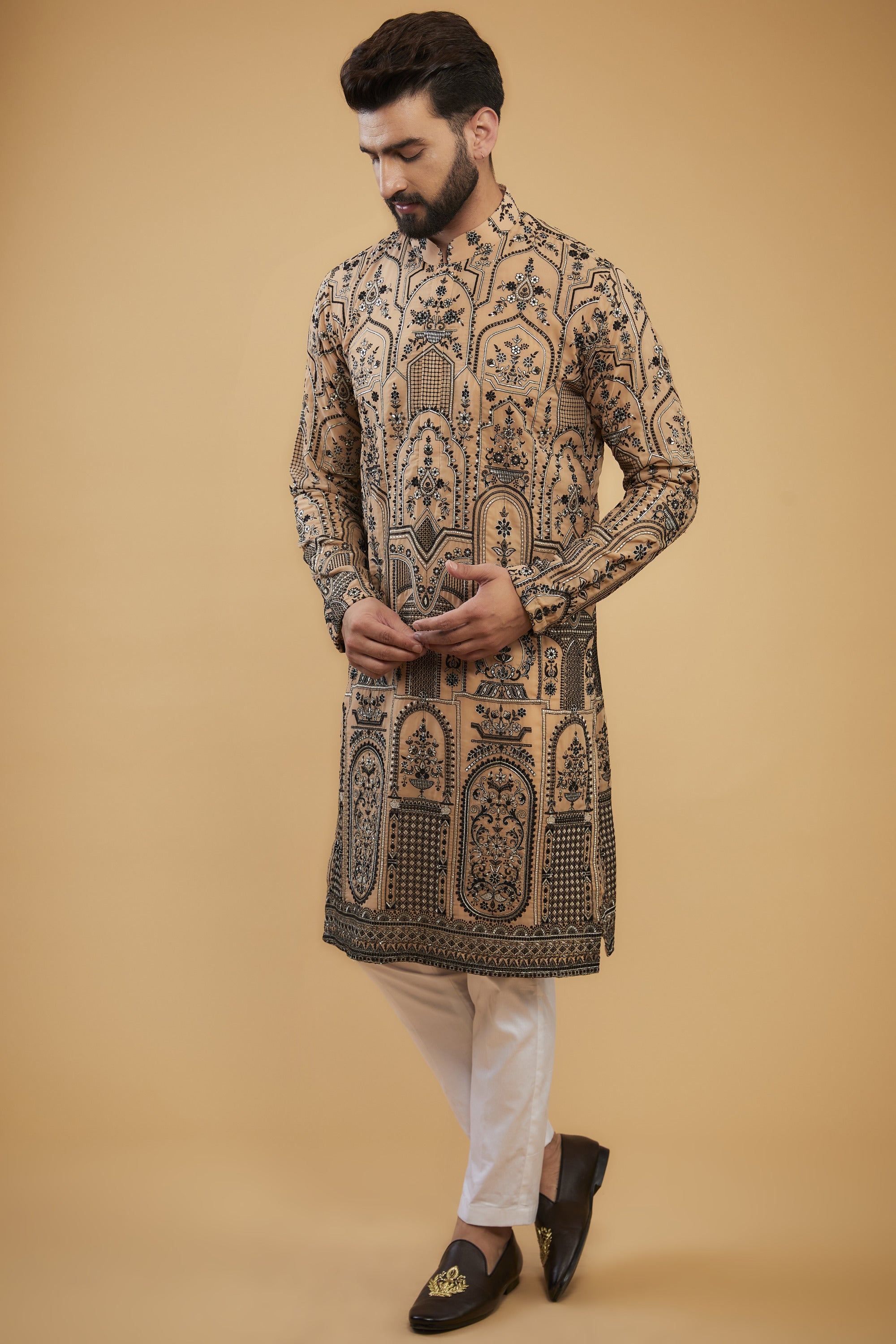 Dark Beige chikankari kurta with black and silver kashmiri thread embroidery - kasbahmen