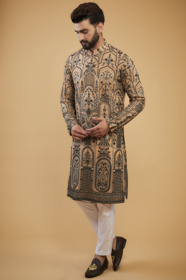 Dark Beige chikankari kurta with black and silver kashmiri thread embroidery