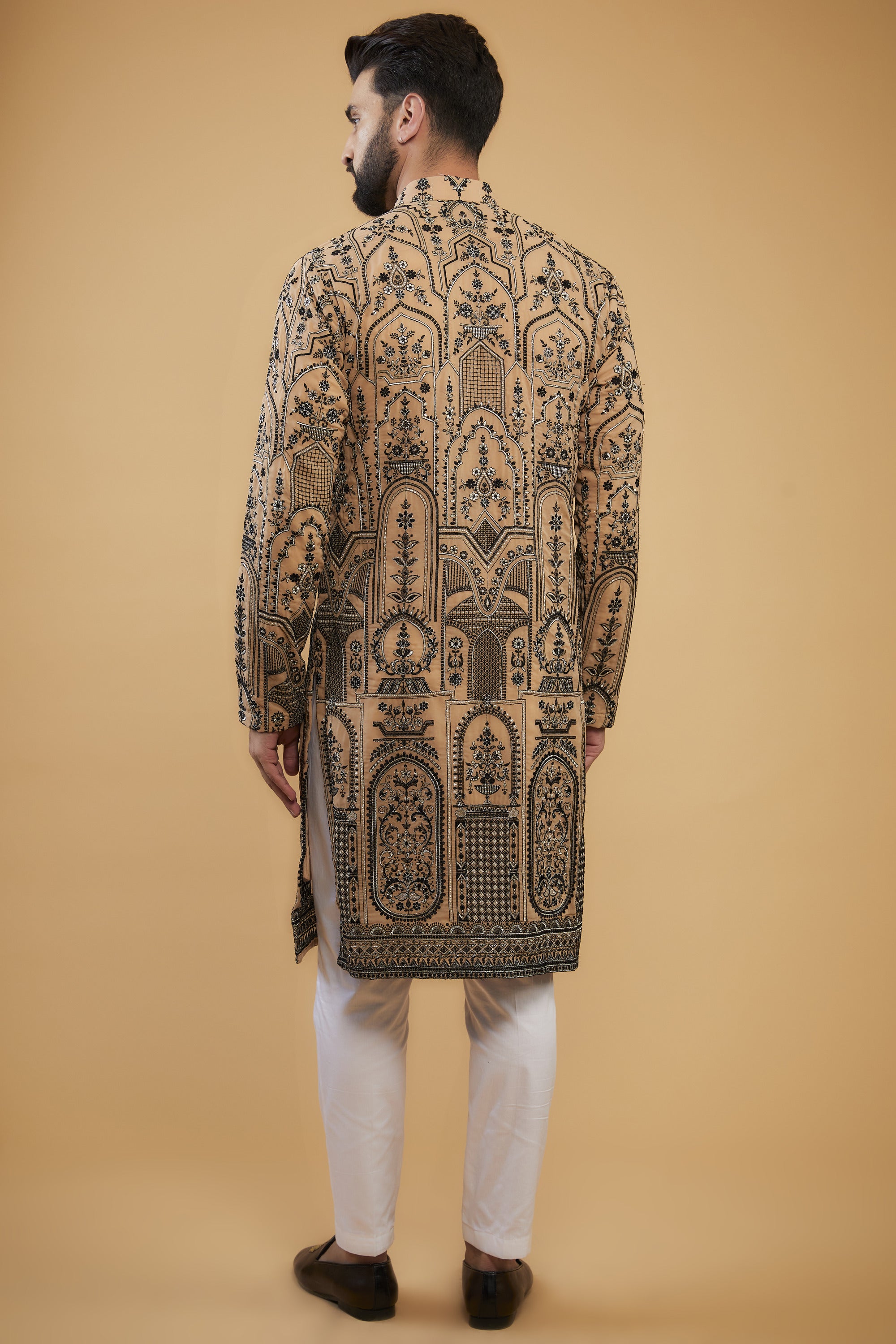 Dark Beige chikankari kurta with black and silver kashmiri thread embroidery - kasbahmen