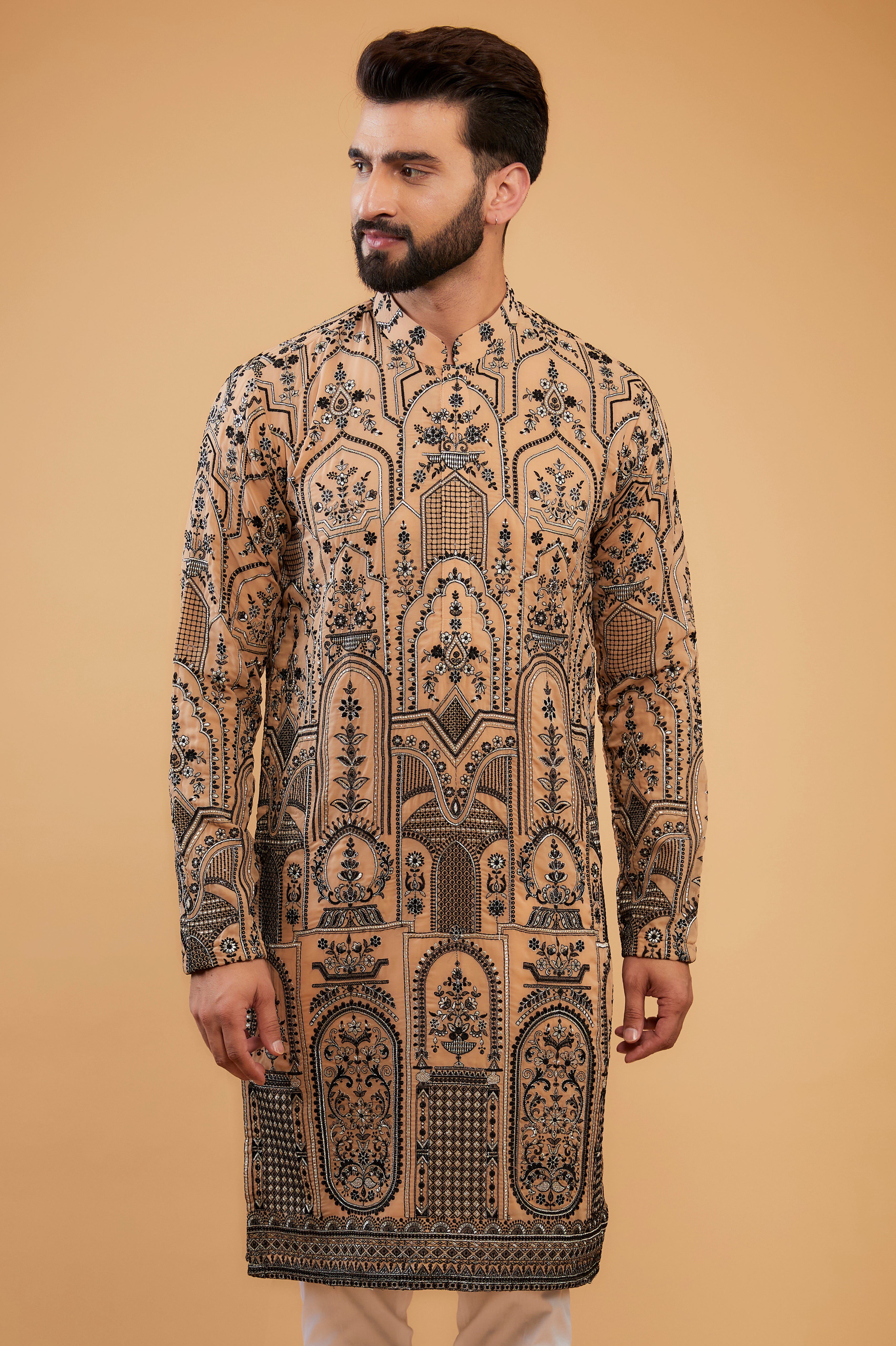 Dark Beige chikankari kurta with black and silver kashmiri thread embroidery - kasbahmen