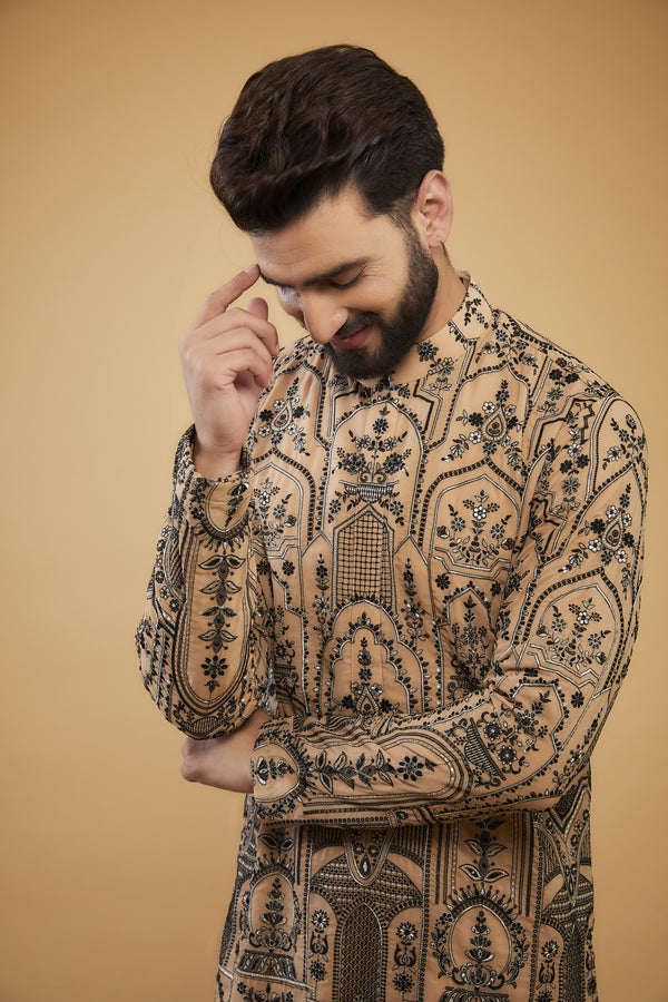 Dark Beige chikankari kurta with black and silver kashmiri thread embroidery