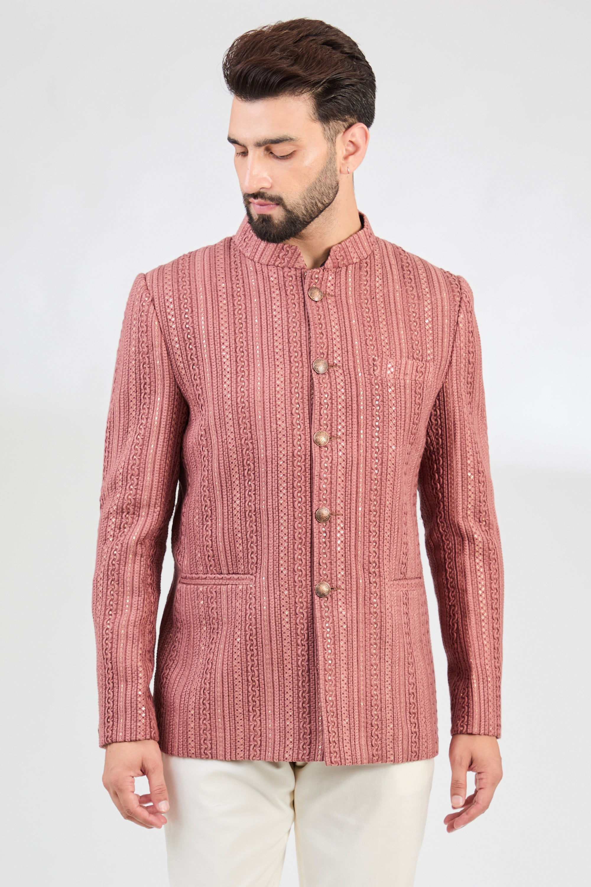 Mauve Taupe Heavy Embroidered Bandhgala - kasbahmen