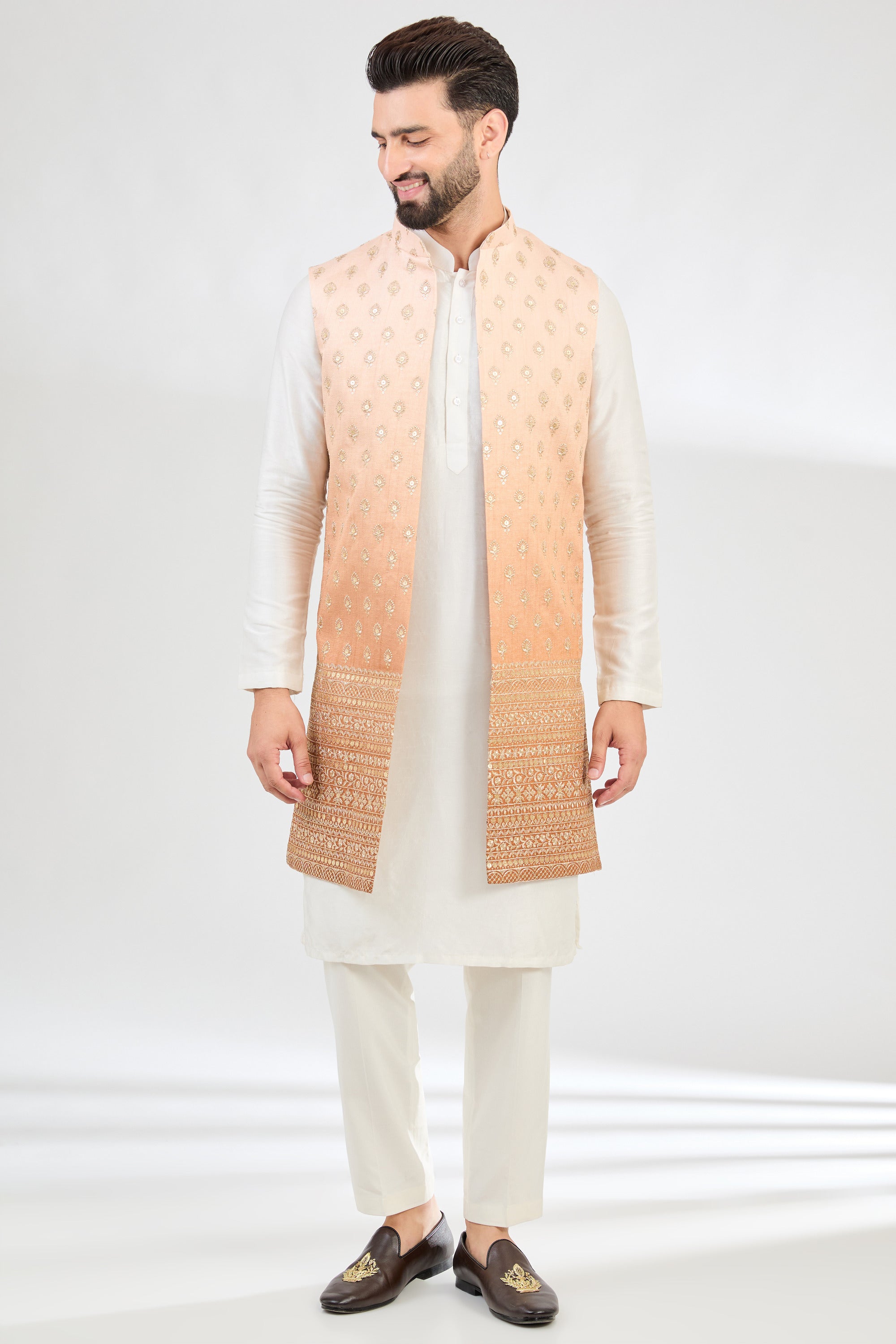 Ombre shaded coral peach long open shrug with zari embroidery. - kasbahmen