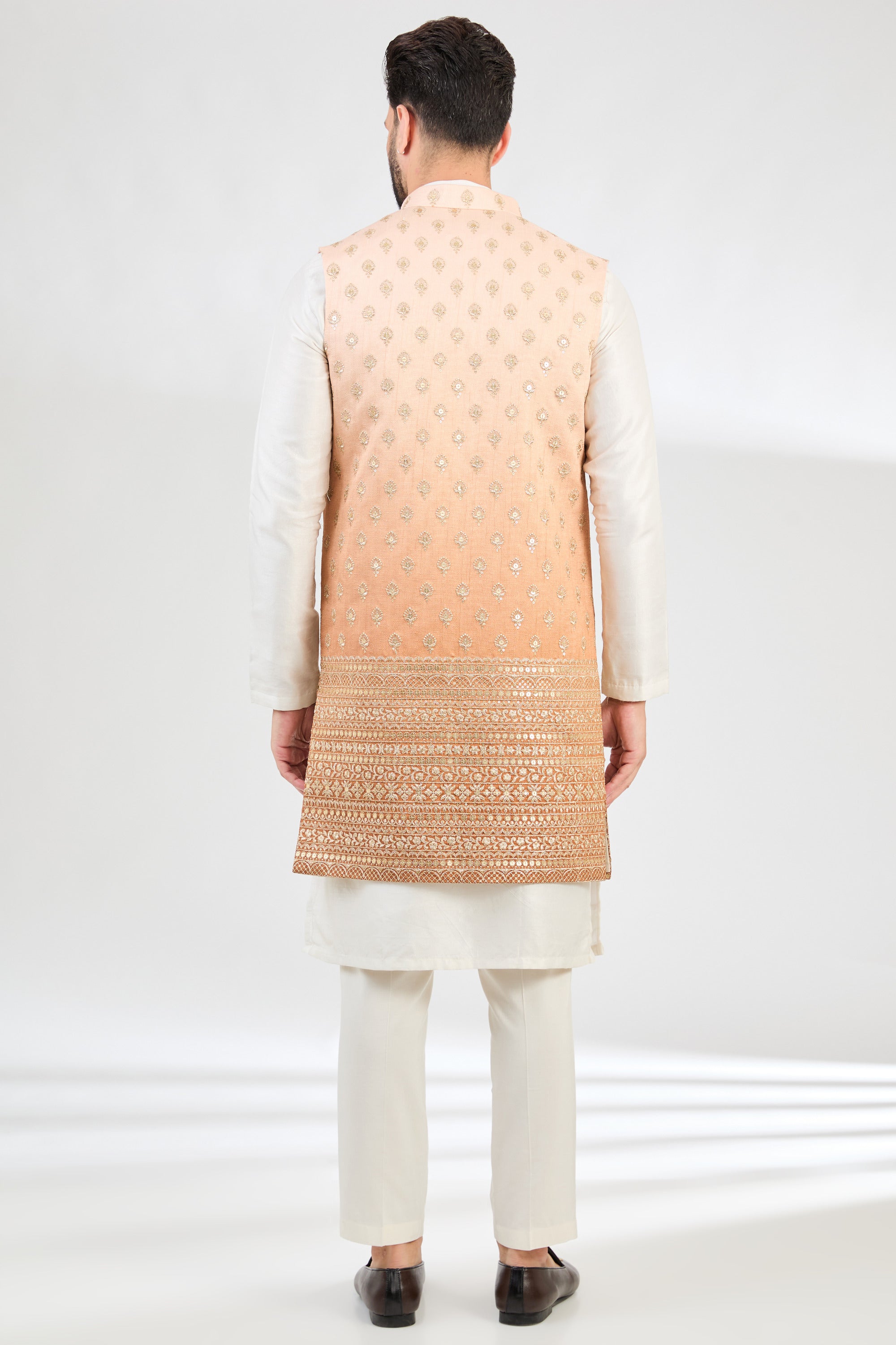 Ombre shaded coral peach long open shrug with zari embroidery. - kasbahmen