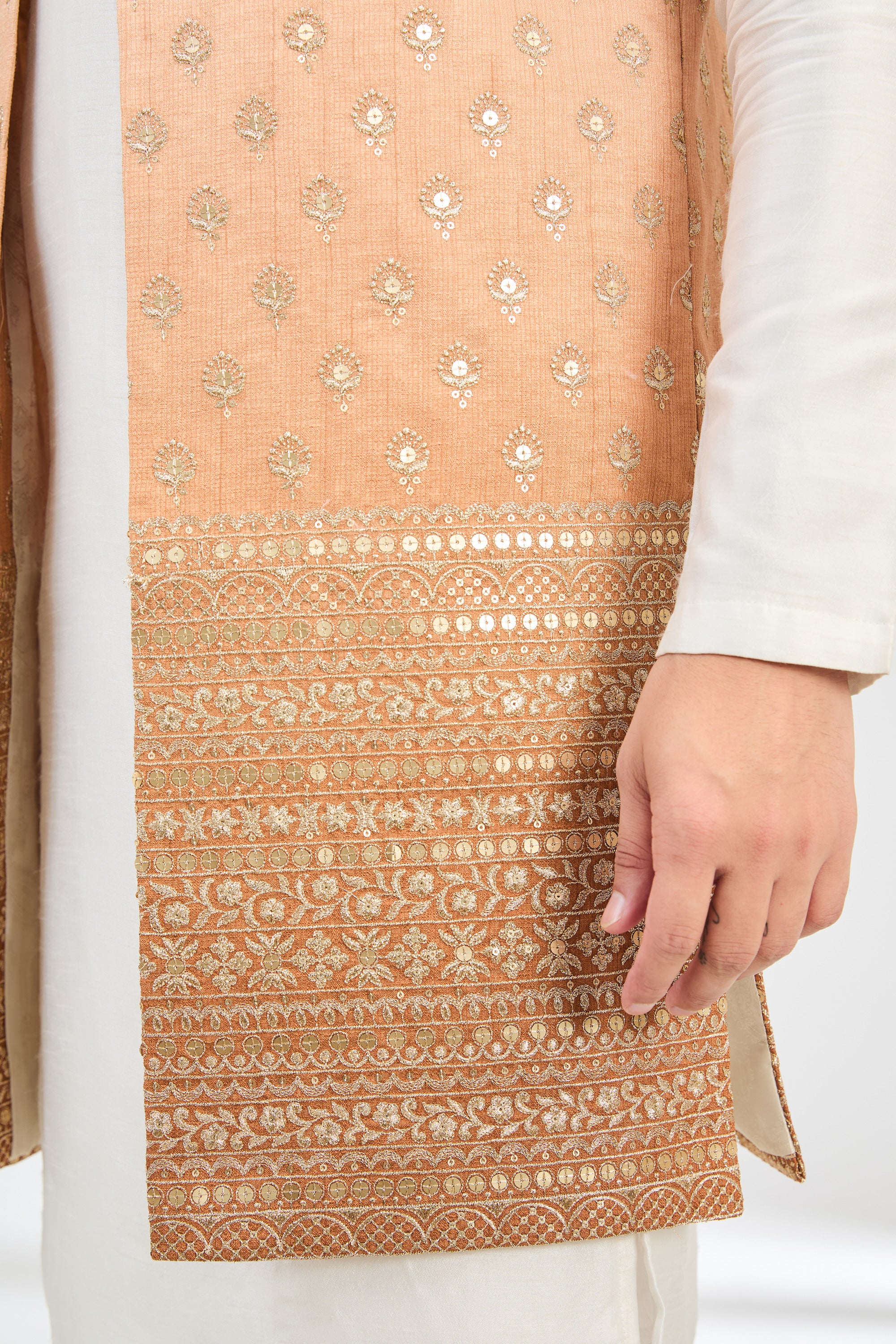 Ombre shaded coral peach long open shrug with zari embroidery. - kasbahmen