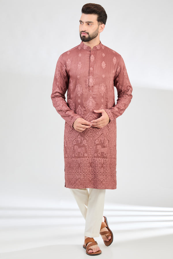 Mauve taupe chikankari kurta with intricate horse mitifs. - kasbahmen