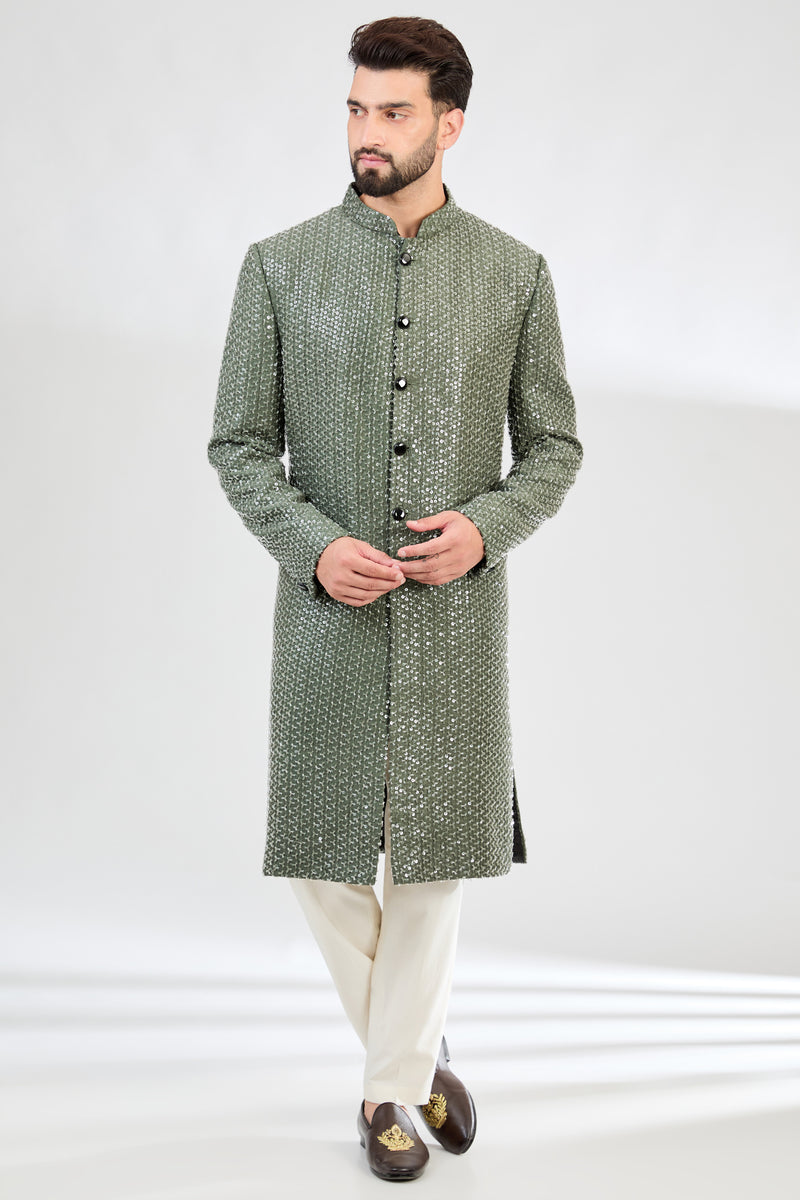 Military green sherwani with detailed cut-dana embroidery. - kasbahmen