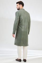 Military green sherwani with detailed cut-dana embroidery. - kasbahmen