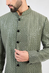 Military green sherwani with detailed cut-dana embroidery. - kasbahmen