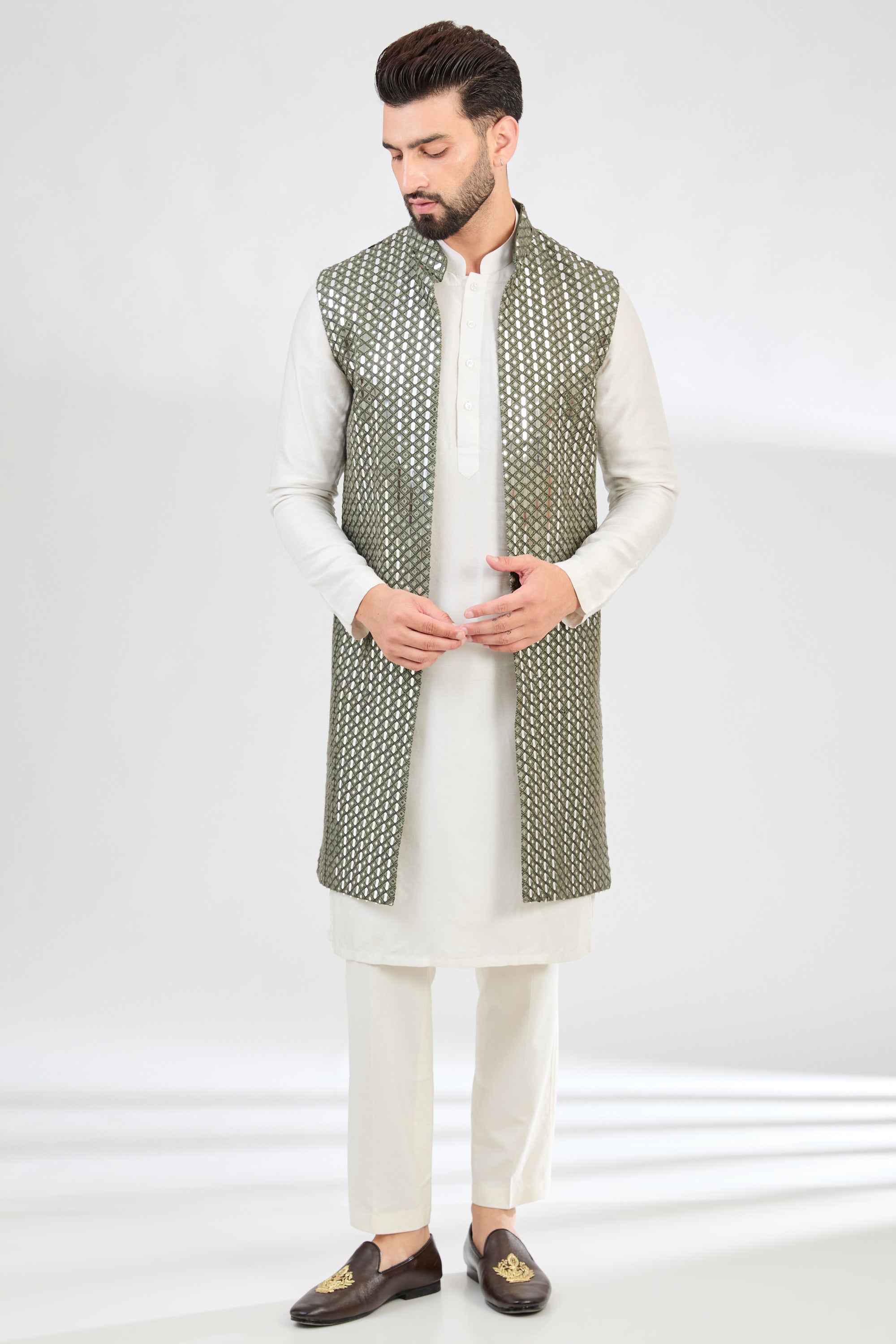 Military green mirror-work long open shrug. - kasbahmen