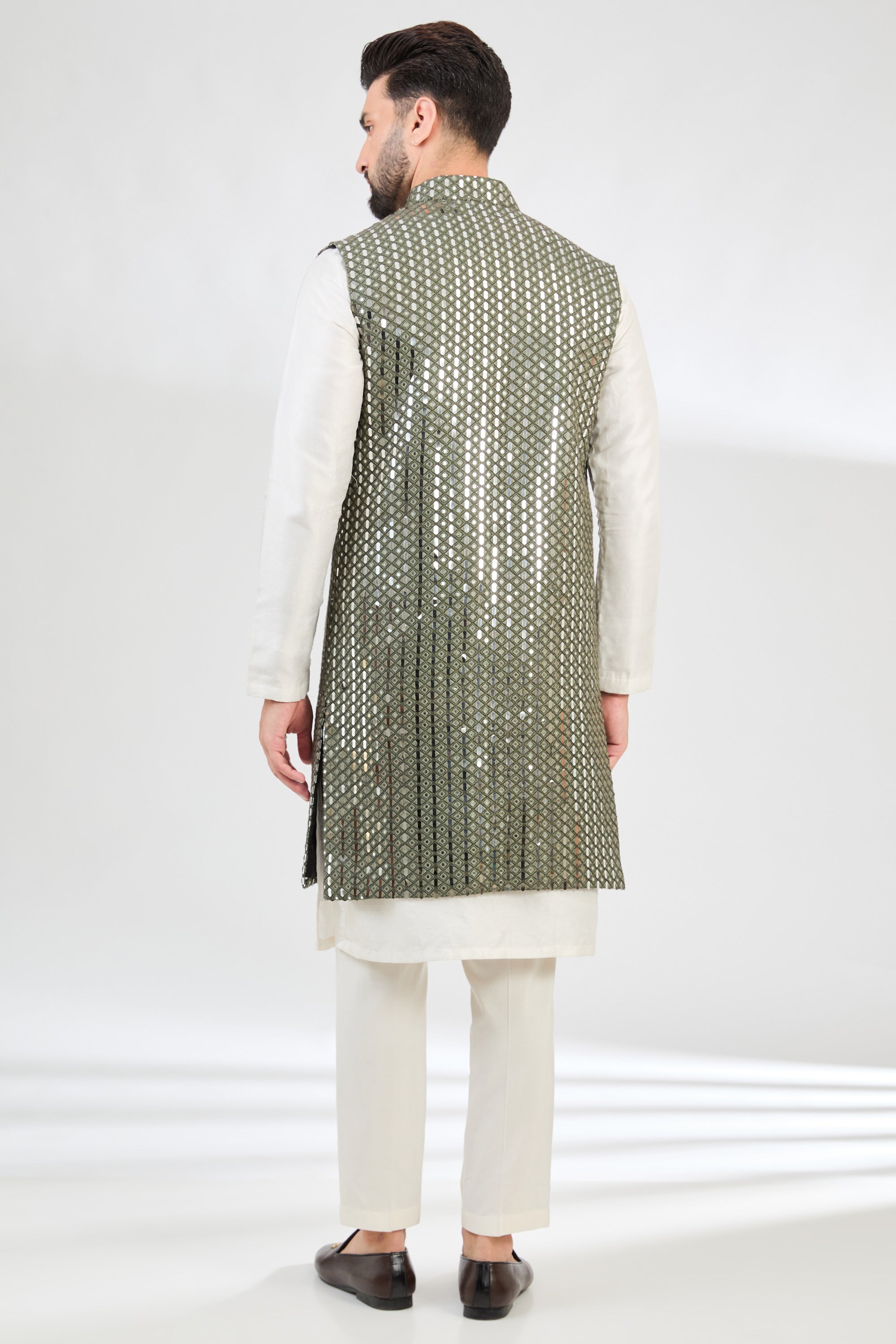 Military green mirror-work long open shrug. - kasbahmen