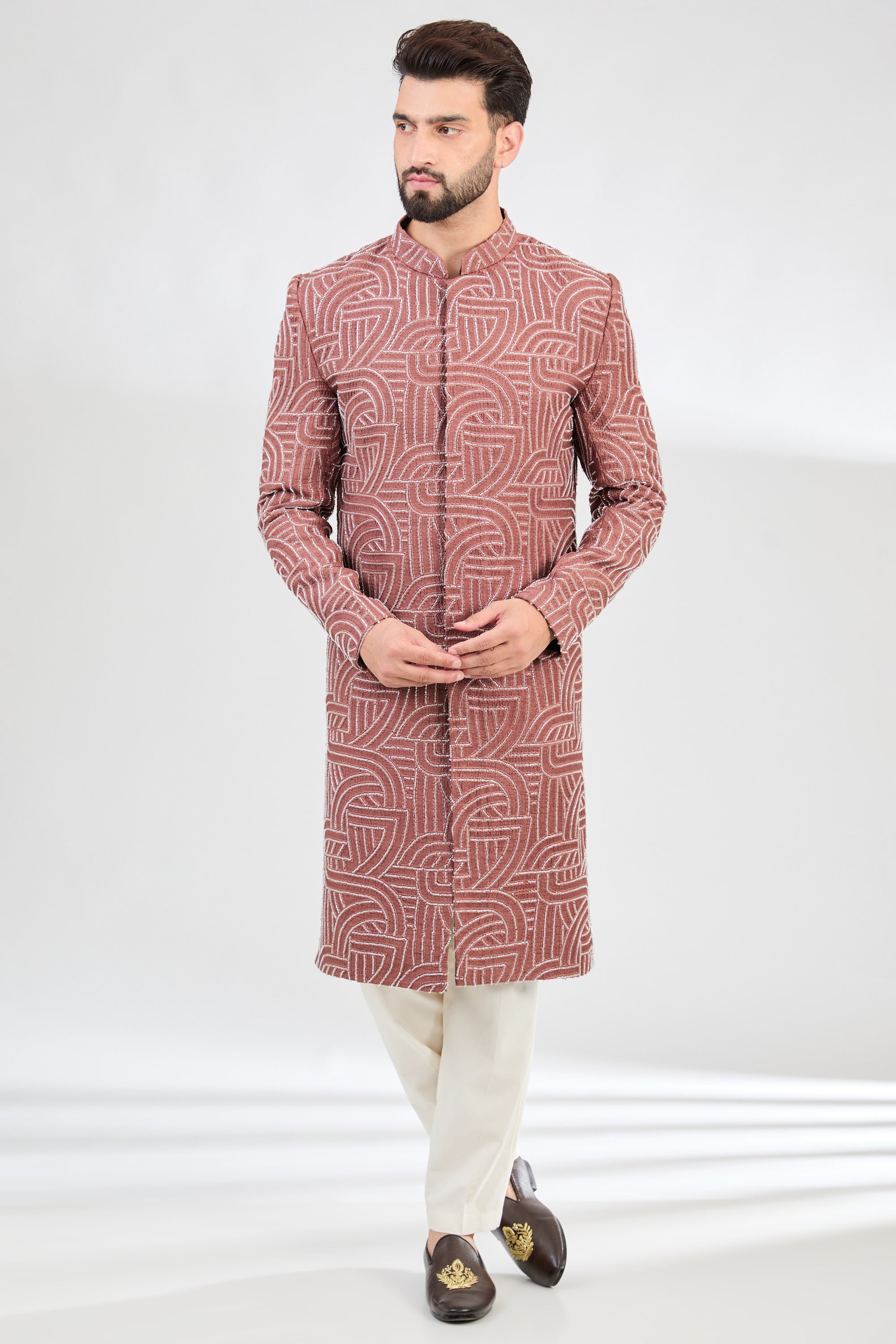 mauve taupe sherwani with detailed cut-dana embroidery. - kasbahmen