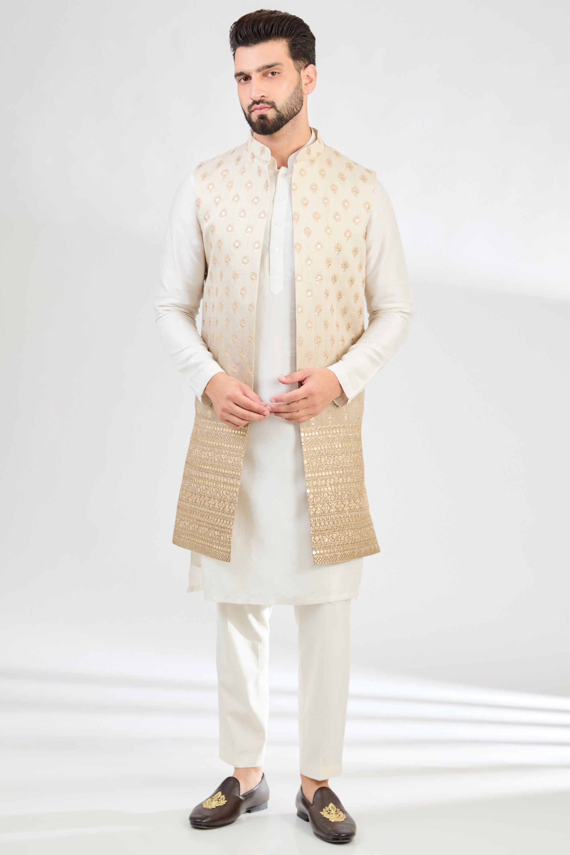 Ombre shaded greyish-green long open shrug with zari embroidery. - kasbahmen