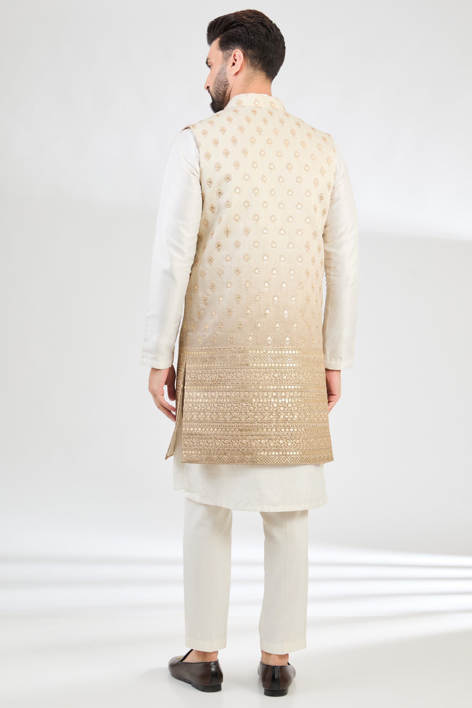 Ombre shaded greyish-green long open shrug with zari embroidery. - kasbahmen