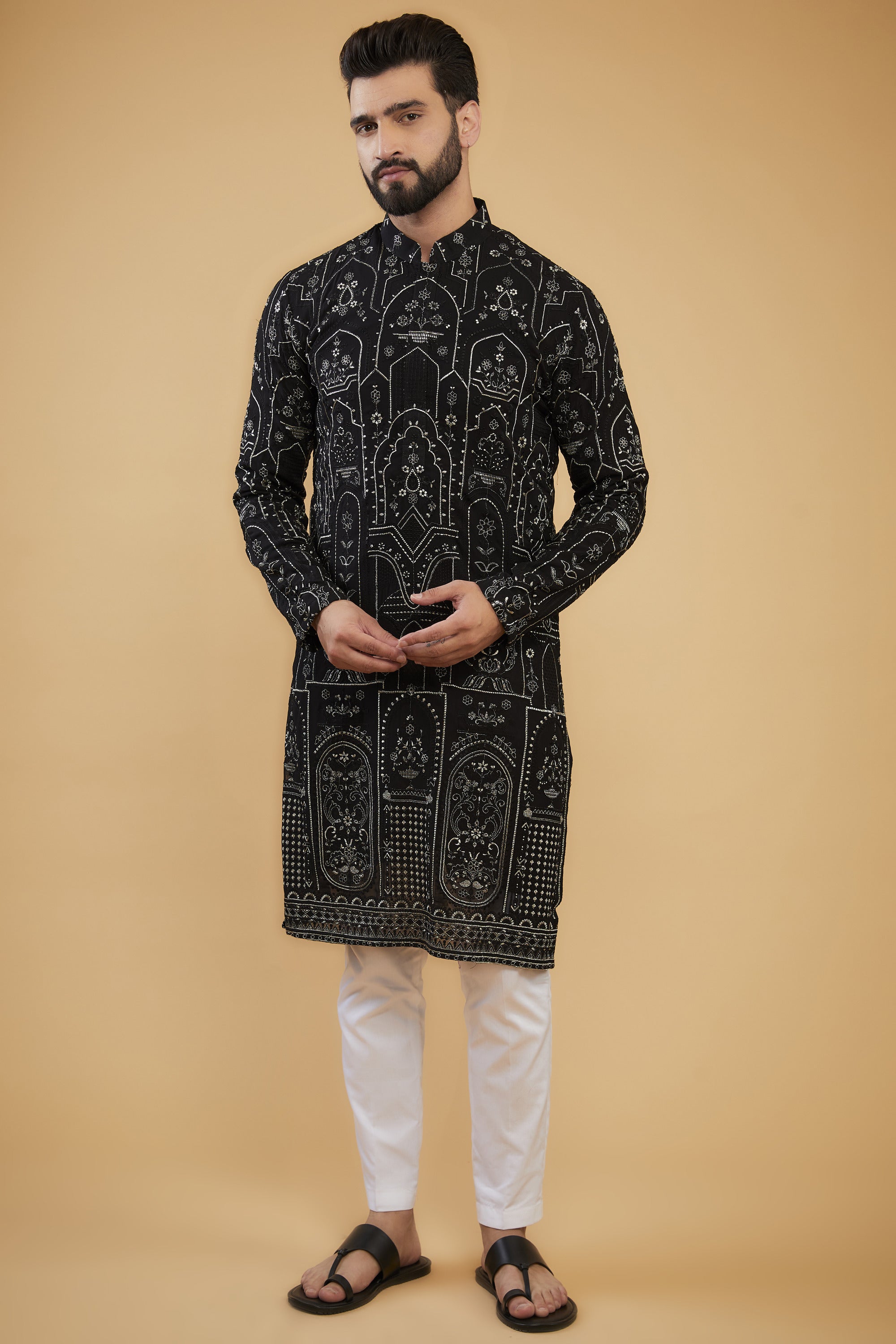 Black chikankari kurta with black and silver kashmiri thread embroidery - kasbahmen